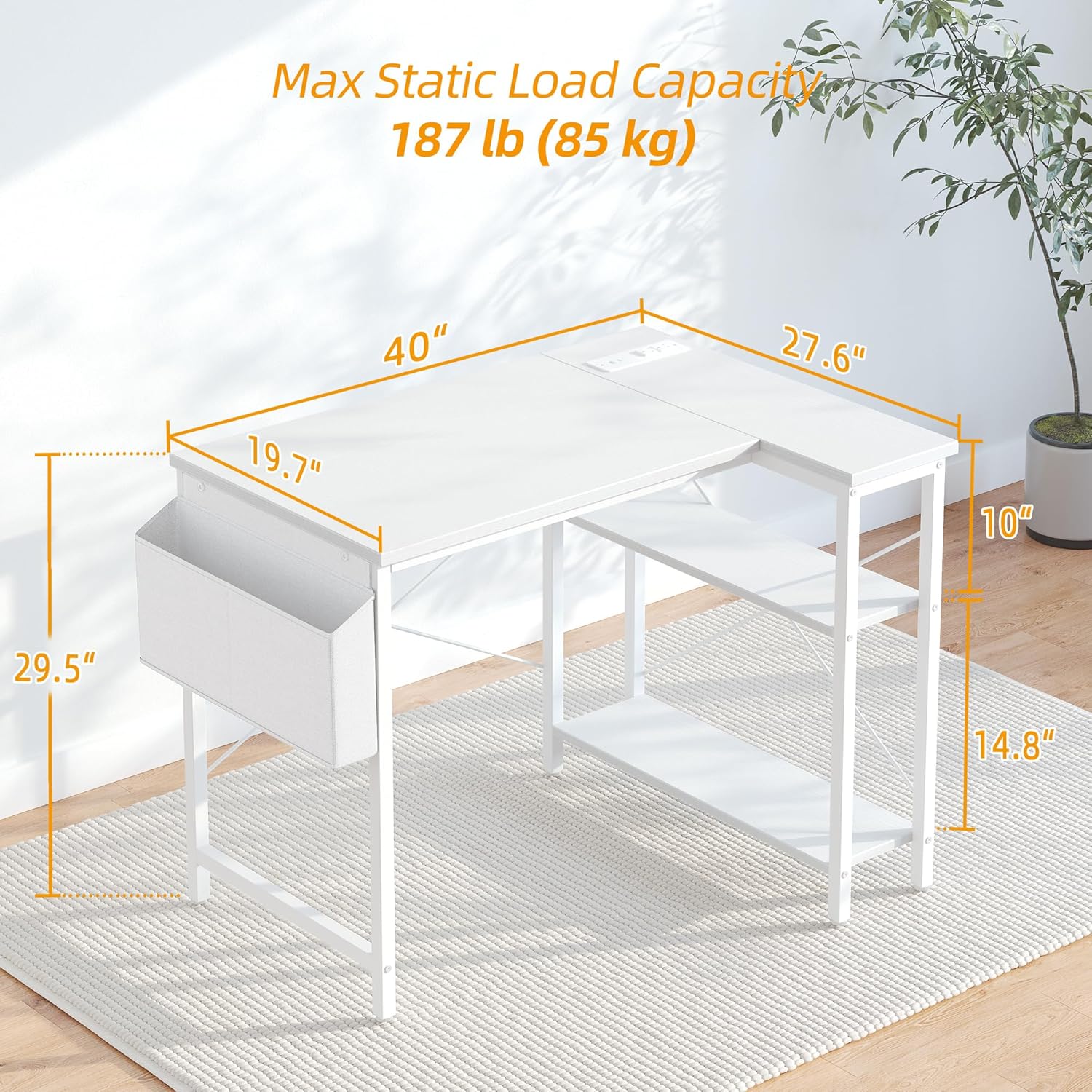 TIQLAB Small Computer Desk with Power Outlets, 40 Inch L Shaped Desk with Reversible Shelves, Gaming Desk Corner Desk Study Writing Desk for Home Office Bedroom Small Space, White - Image 3