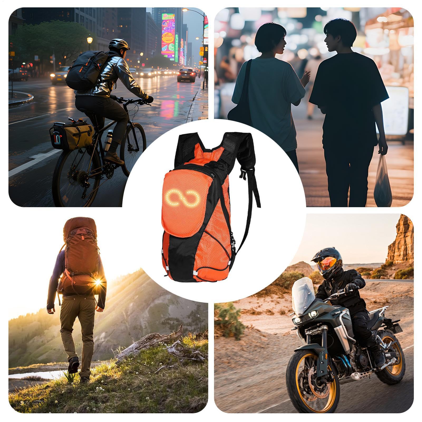 Generico Motorrad Rucksack LED Leuchttasche Rucksack Glow Multifunktionaler Rucksack für Urban Wandern Reisen Camping Radfahren Frauen Männer, Orange, riferimento alla descrizione, Siehe