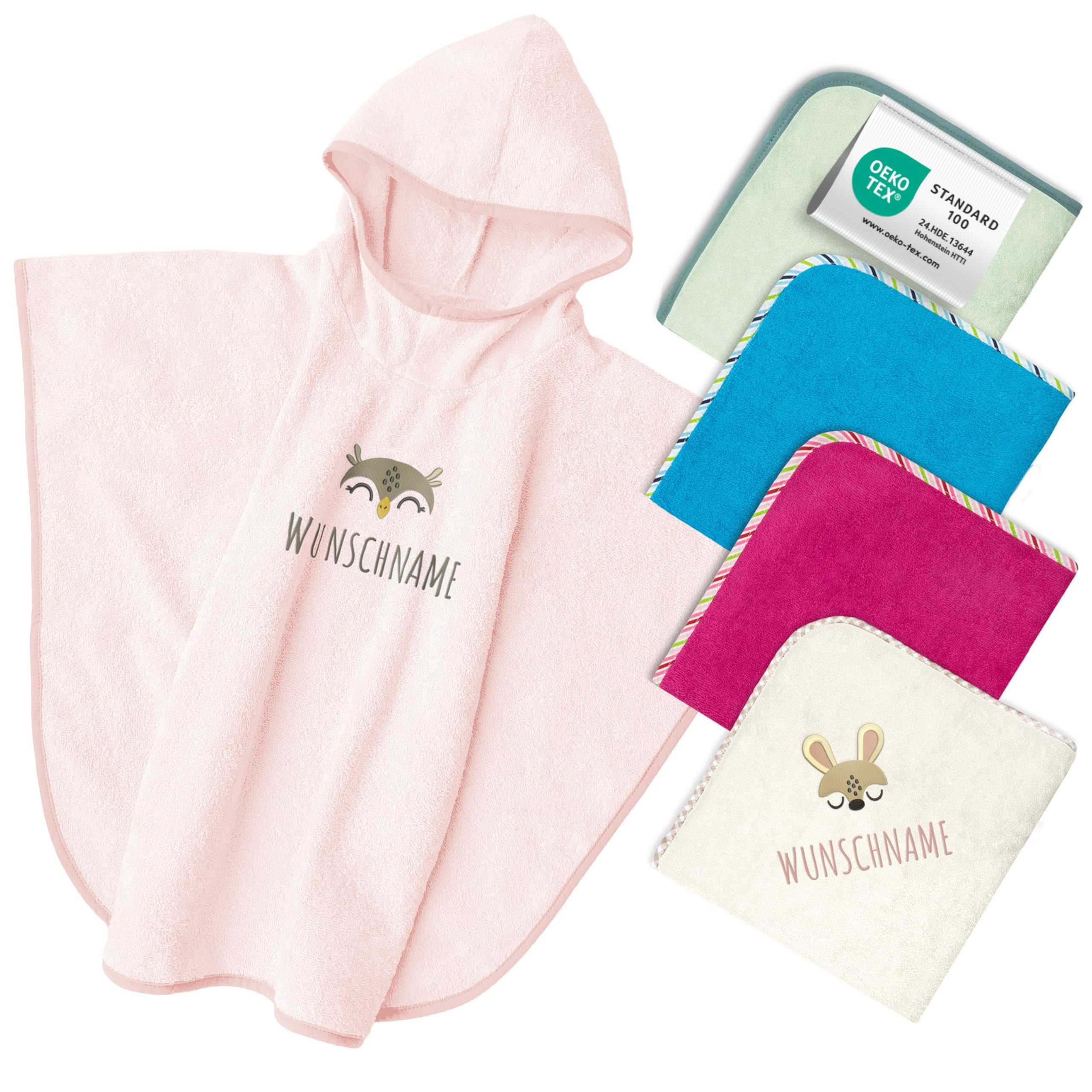 my STITCHERY Badeponcho Kinder mit Namen Bestickt, Oeko-TEX® Standard 100 - Personalisiertes Kapuzenhandtuch aus Reiner Baumwolle mit gesticktem Namen und Motiv (Rosa)