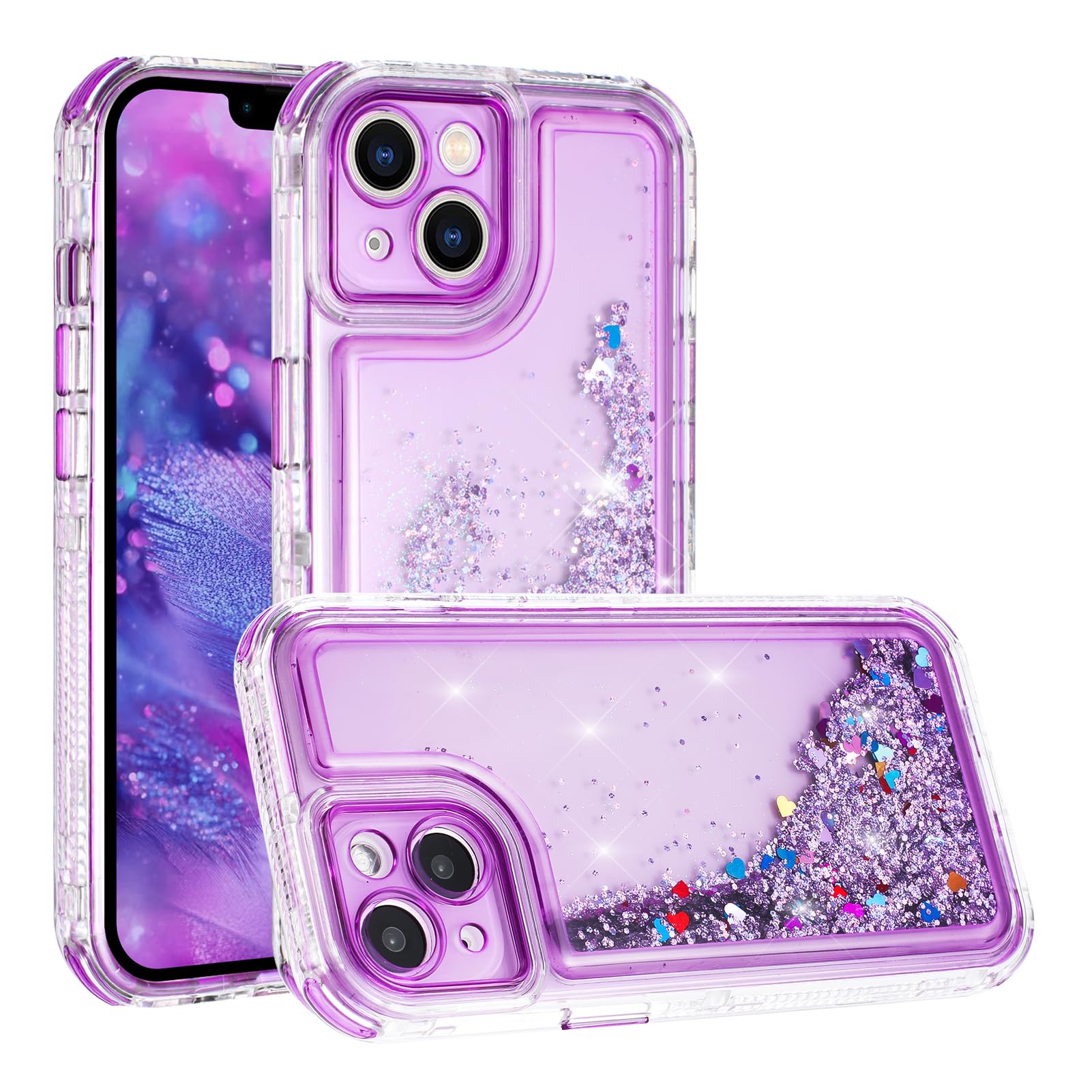 Tikoo Designed for iPhone 13/14 Case Glitter for Women Girl Clear 3-in-1 Heavy Duty Protective Phone Cover with Floating Liquid Quicksand Bling