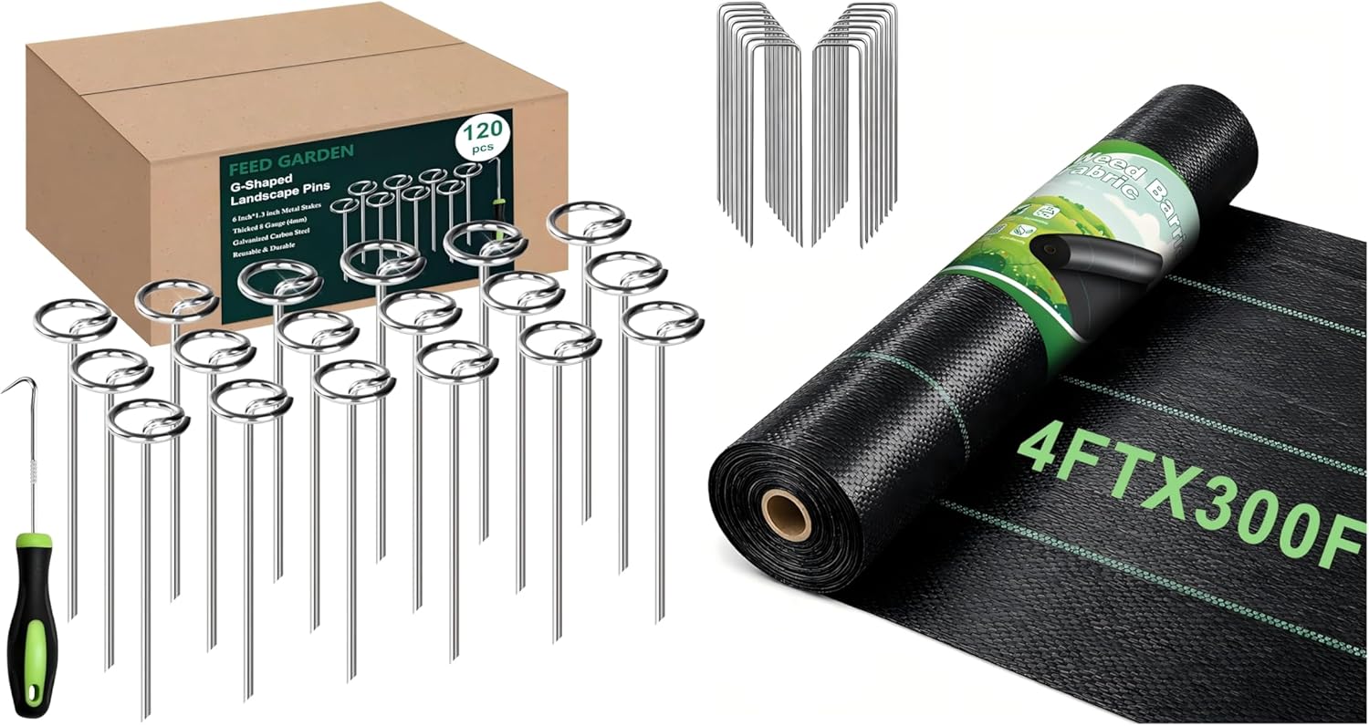 FEED GARDEN 120 Pack Landscape Staples and Weed Barrier Fabric Bundle