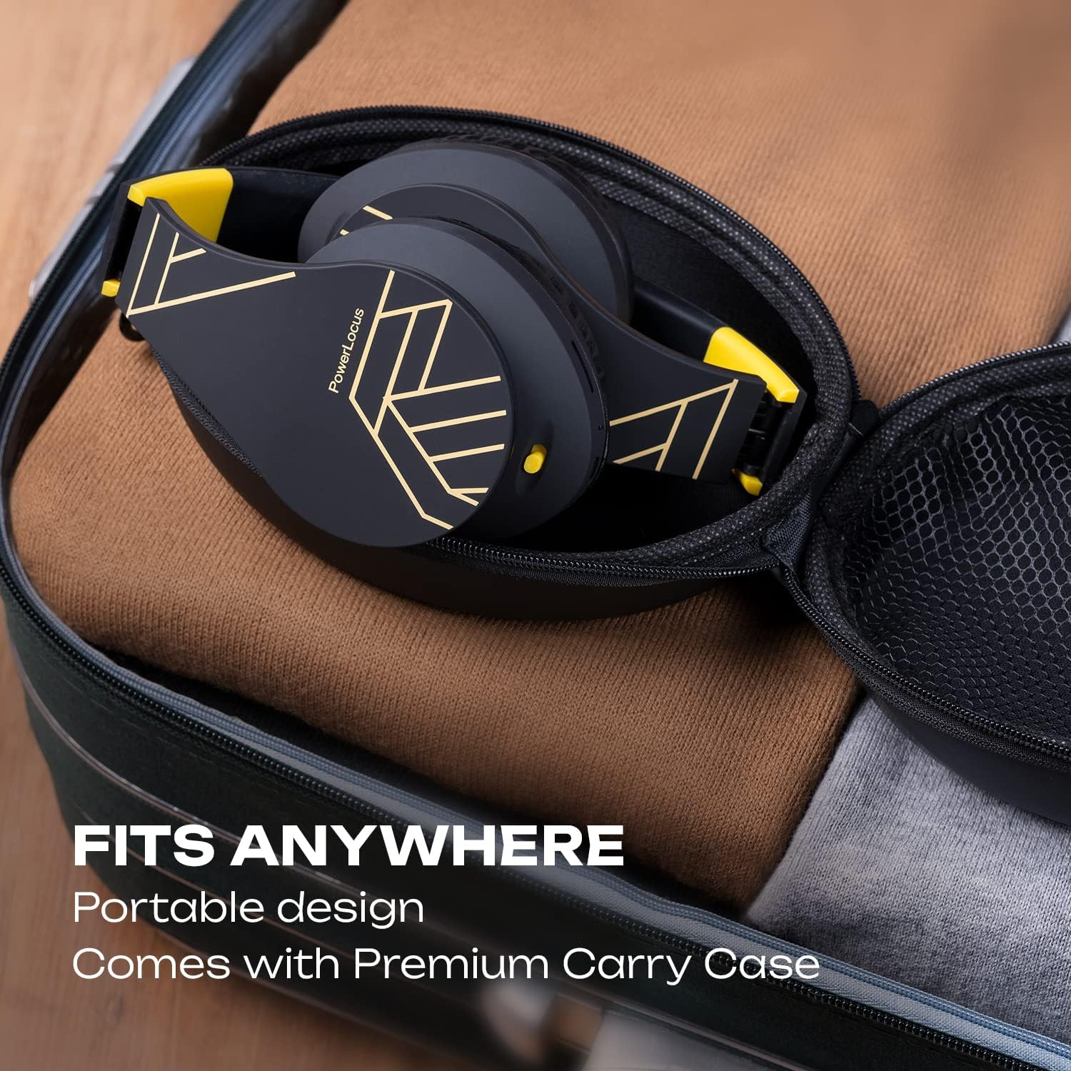 PowerLocus P2 headphones folded and stored inside their compact protective case, fitting easily into a bag.