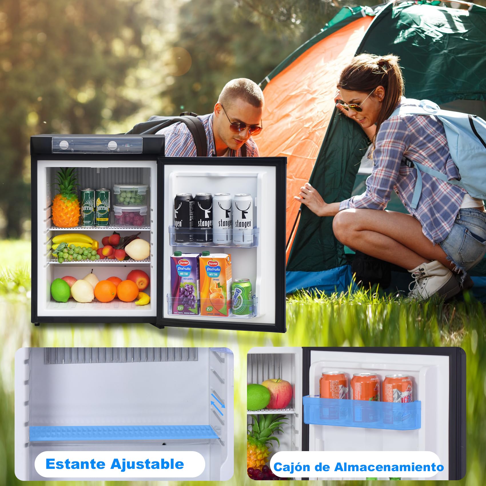 Nevera Trivalente 40L, Nevera de Gas Butano 12V 220V Gas, Nevera a Gas Butano para Camper, Camping, Camion, Furgoneta, Silencioso, Negro