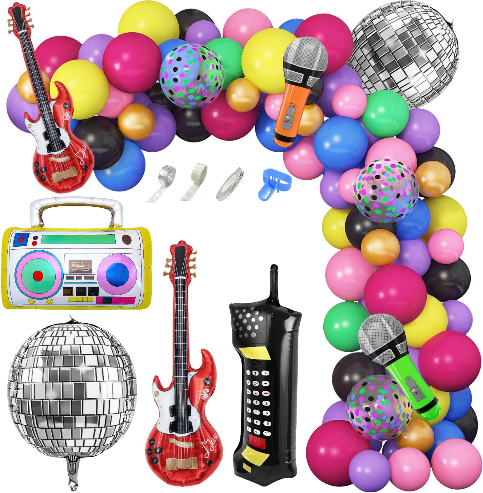 Amandir 80s 90s Theme Party Decorations, 90Pcs Balloon Garland Kit 6PCS Disco Ball Radio Boom Box Retro Mobile Phone Guitar Microphone Foil Balloons for Back to 80s 90s Hip Hop Birthday Supplies