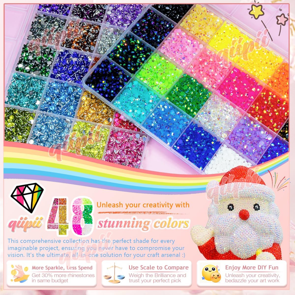 qiipii 48 Color 4mm Jelly AB & Crystal Colorful Resin Rhinestones for Bedazzling Crafting SS16 Flatback Stones Gems Diamonds Charms for Nails Eyes Face Makeup Beauty Tumblers Bottles DIY Crafts Shoes