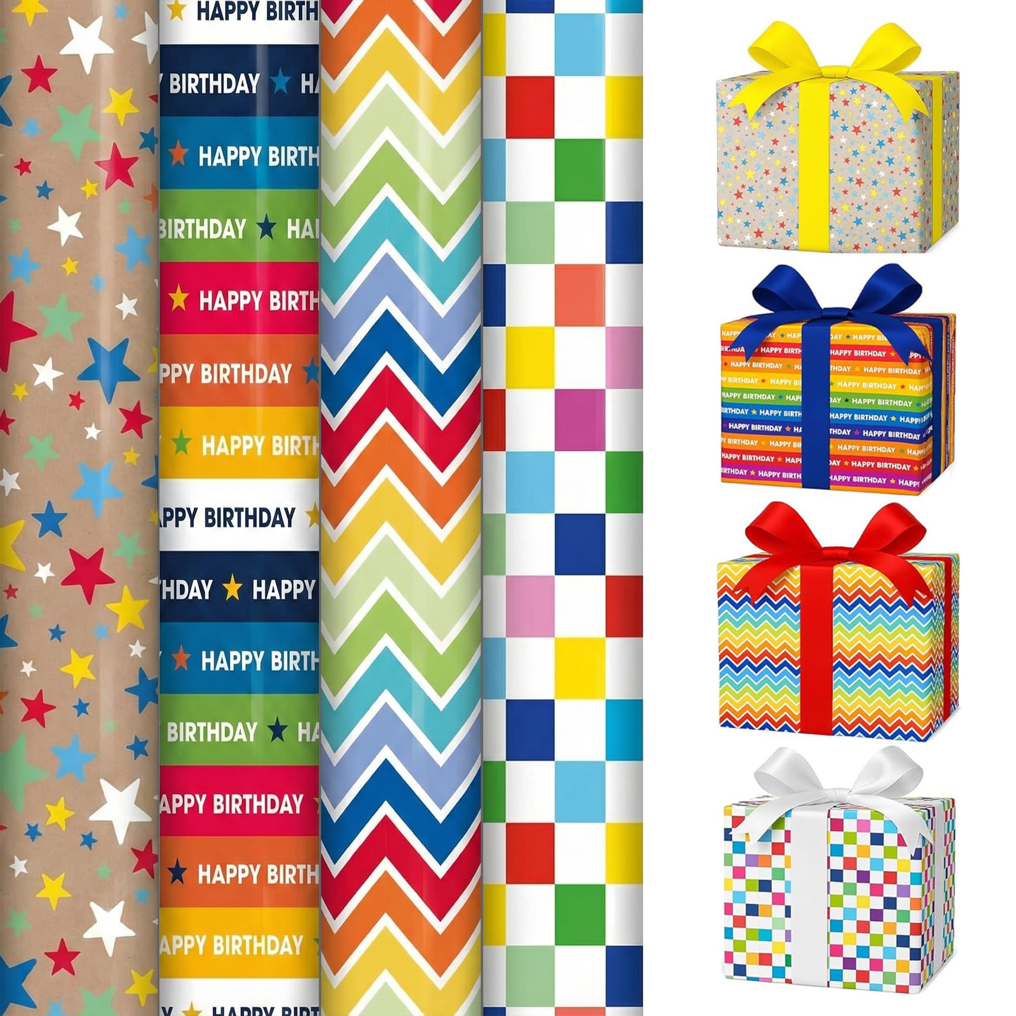 Pack of 4 x 3M Birthday Wrapping Paper with Colorful Designs Gift Wrap Rolls Perfect for Birthday, Party & Festive Decorations Sold By ANGIX โ image 1