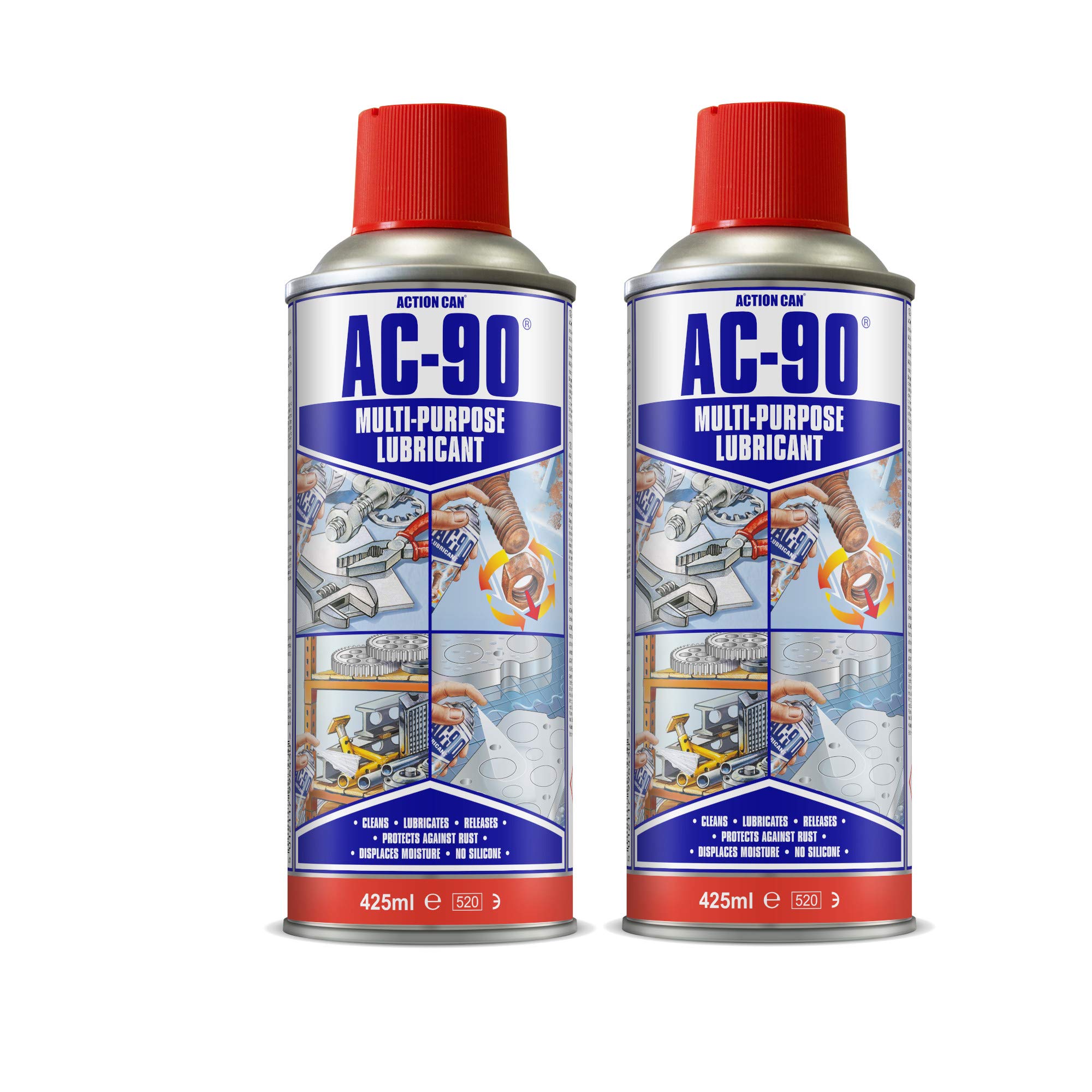 PACK OF 2 Action Can AC-90 Multi Purpose Lubricant Maintenance Rust Protection Spray 425ml Cleans, Degreasers, Protects From Rust, The all in solution in a can