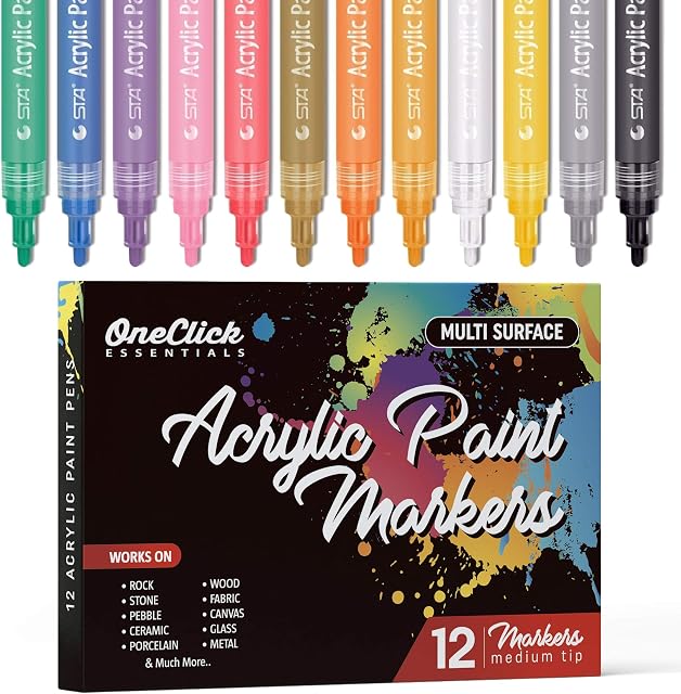 Set Of 12 Acrylic Paint Pens For Rock Painting, Ceramic, Porcelain, Glass, Stones, Pebbles, Fabric, Wood & DIY Mug Design. Permanent Water Based Medium Tip Marker Pen