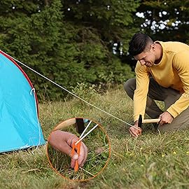 Eurmax USA 10 inch Multiuse Heavy Duty Steel Tent Stakes Tarp Pegs Camping Stakes for Outdoor Camping Canopy and tarp with 4 Ropes 10FT Length,8pcs(Orange)