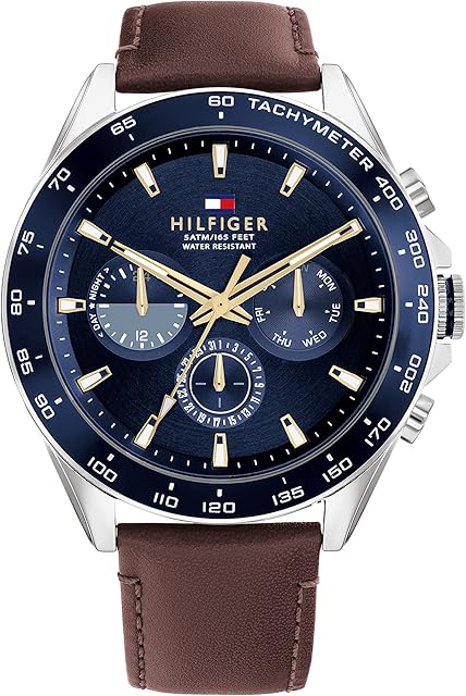 Tommy Hilfiger Relógio masculino de quartzo de aço inoxidável com pulseira de couro, Marrom, Relógio de quartzo