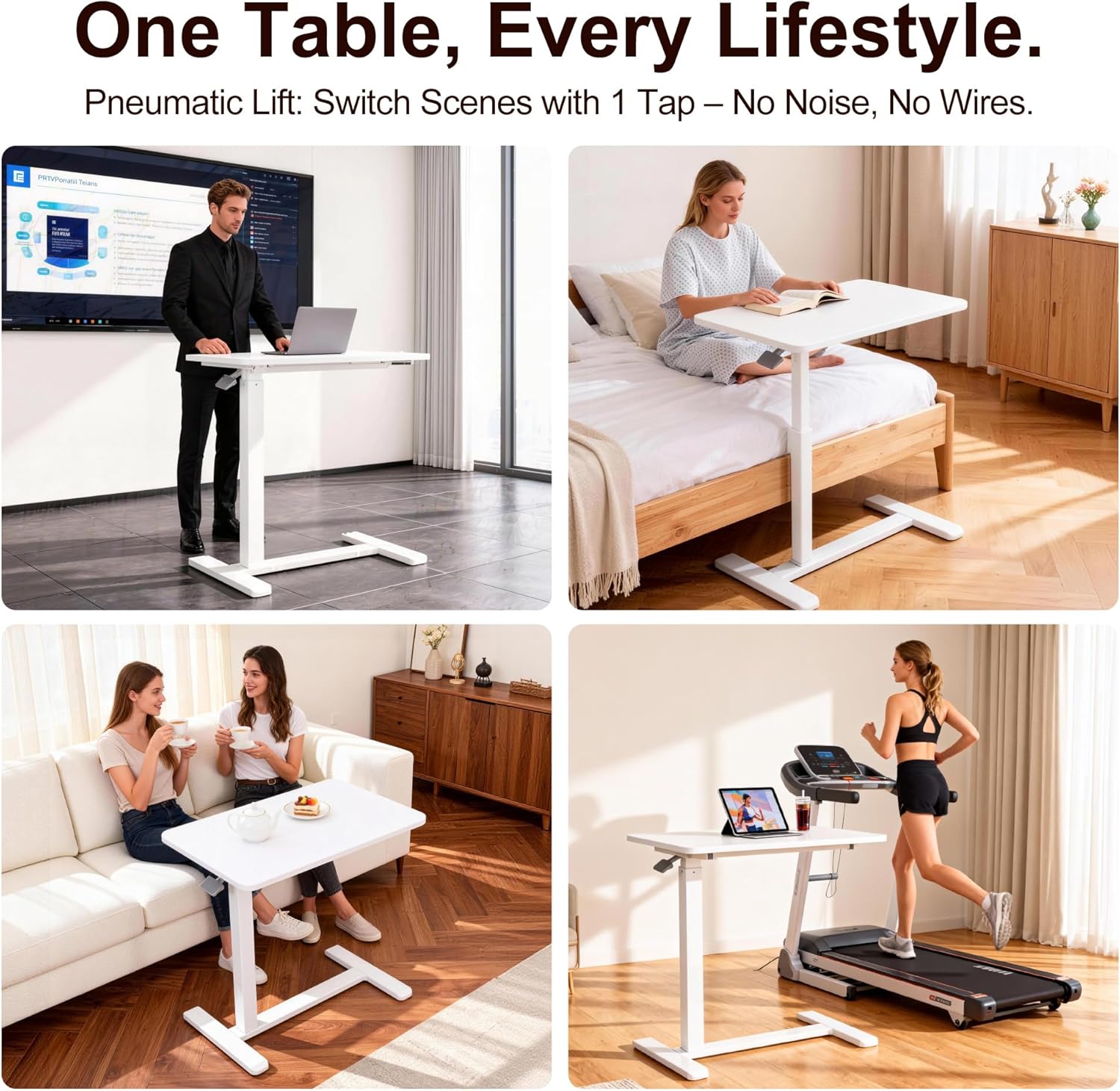 Overbed Table with Pneumatic Height Adjustment, Hidden Casters Rolling Bedside Table, Hospital Bed Table Mobile Laptop Standing Desk for Hospital Home Use, White