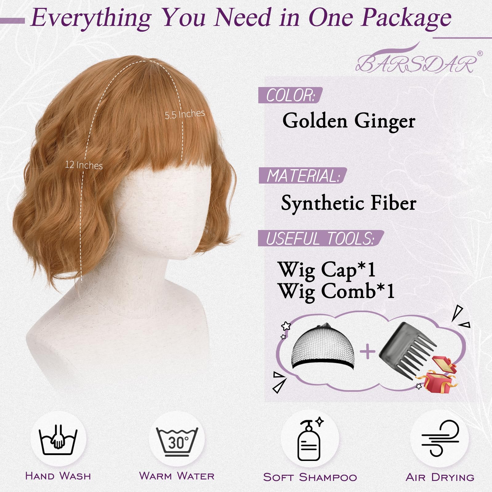 BARSDAR Short Wavy Golden Ginger Wig with Bangs, Short Golden Ginger Bob Wigs for Women - Image 2