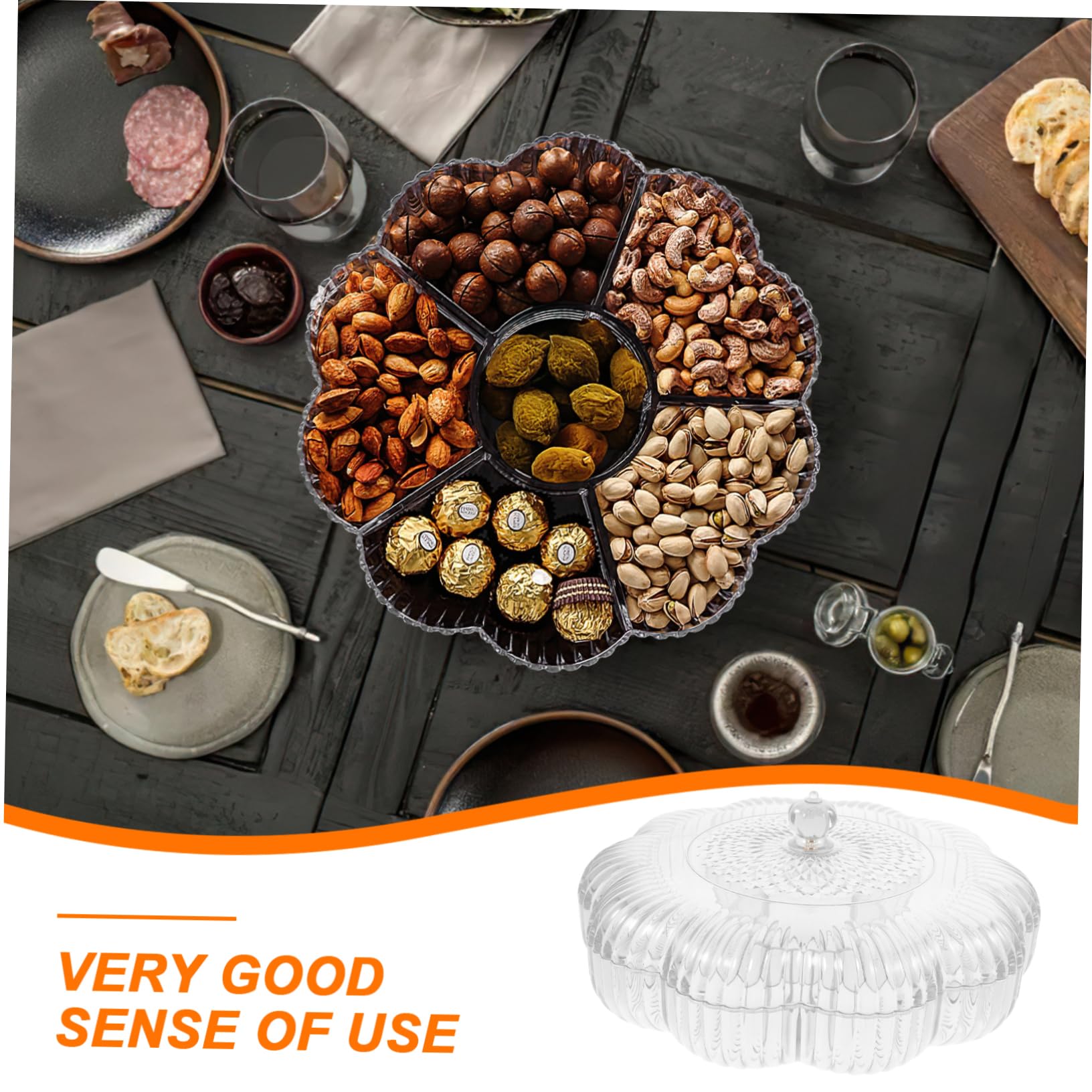 VOSAREA Plateau de Service Apéritif Compartimenté Transparent en Plastique Moderne, Bol à Fruits Réutilisable, Décor Floral, pour Maison et Fête, Plateau Bonbonnière Multifonction