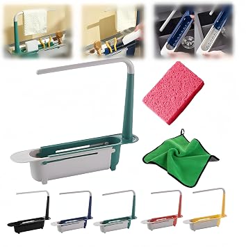 Updated Telescopic Sink Storage Rack, Adjustable Length Sink Rack Holder for Home Kitchen, Telescopic 2-in-1 Sink Storage Rack Holder Green
