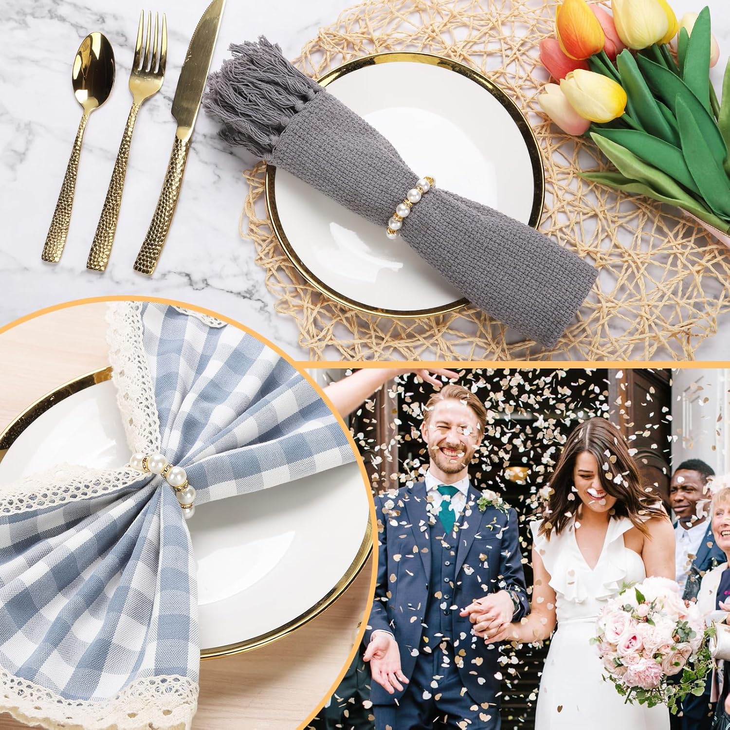 Pearl Napkin Rings Set of 100, Imitation Beaded Serviette Rings Elastic Elegant White and Gold, Wedding Bachelorette Engagement Christmas Tea Theme Party Decorative