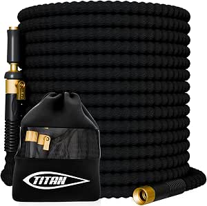 TITAN 50 ft Garden Hose – Lightweight Flexible Water Hose, Kink-Free Non-Expanding, High Flow, Solid Brass Fittings, Leak-Proof with Nozzle