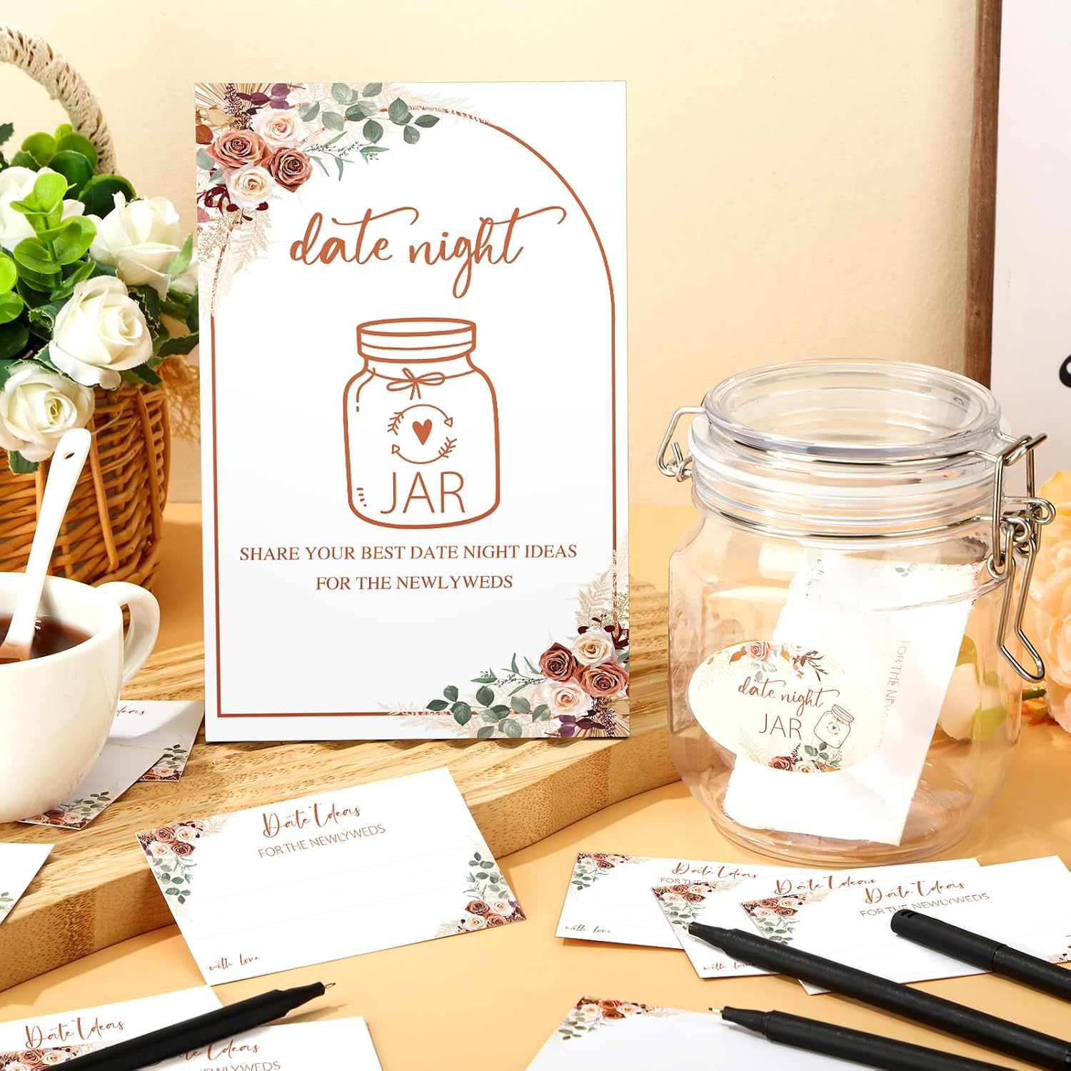 DoubleFill 76 Pcs Bridal Shower Games Include Date Night Jar Wooden Sign 60 Cards 12 Color Pen 2 Stickers for The Newlyweds Wedding Reception Games Date Idea Party Favors Decoration(Boho Style)