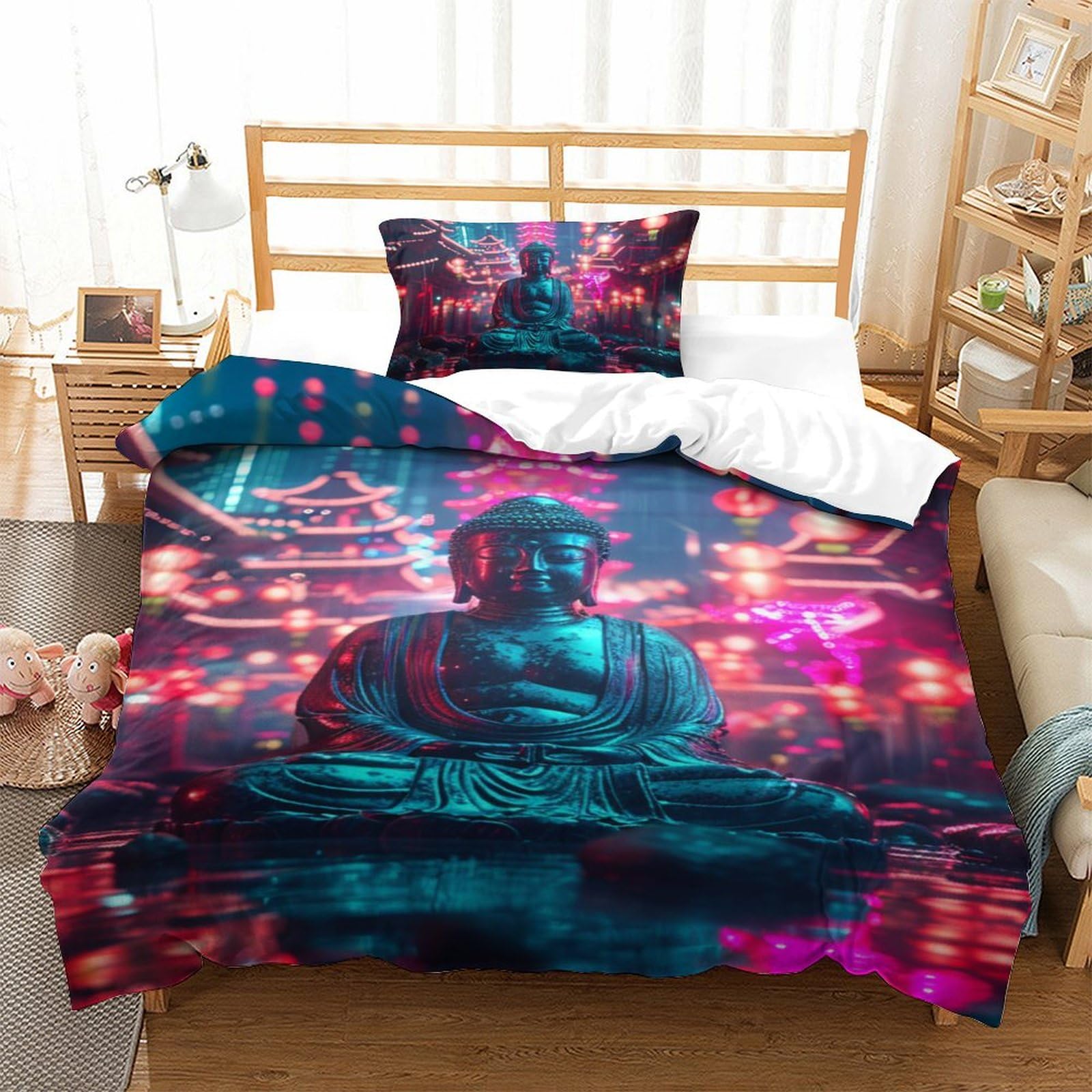 Housse de couette Bouddha 3D 135x200 avec taie d'oreiller en microfbre