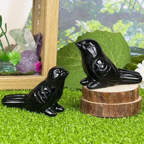 Vista 3 de Figura de pájaro de cristal de obsidiana negra tallada a mano, escultura de animal pulida de 2.4 pulgadas, piedra curativa, decoración de escritorio
