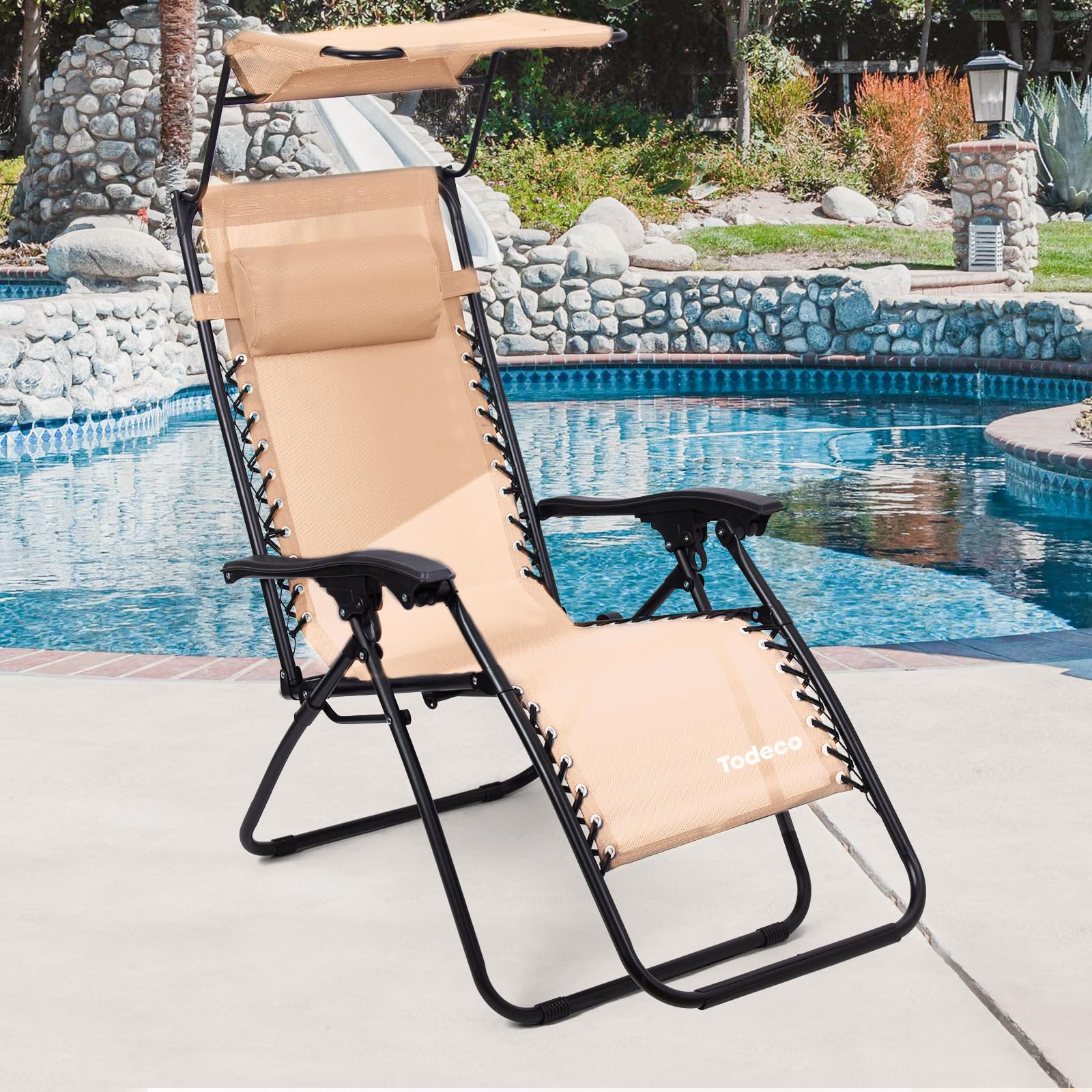 Todeco Transat de Jardin Pliable avec Pare-Soleil, Chaise Longue Inclinable Multiposition, Bain de Soleil Relax en Textilène Respirant avec Repose-Tête et Accoudoirs, pour Plage, Camping, Kaki