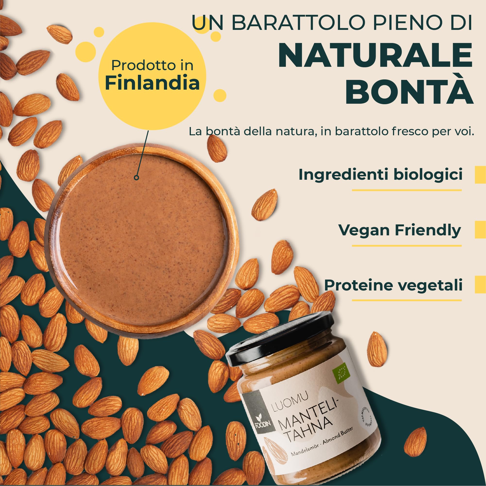 FOODIN Burro di Mandorle Marroni Bio in Vasetto di Vetro – 100% Mandorle Bio, Crema Spalmabile Naturale, Fonte di Proteine e Acidi Grassi, Senza Glutine, Vegano - (2 x 250 g)