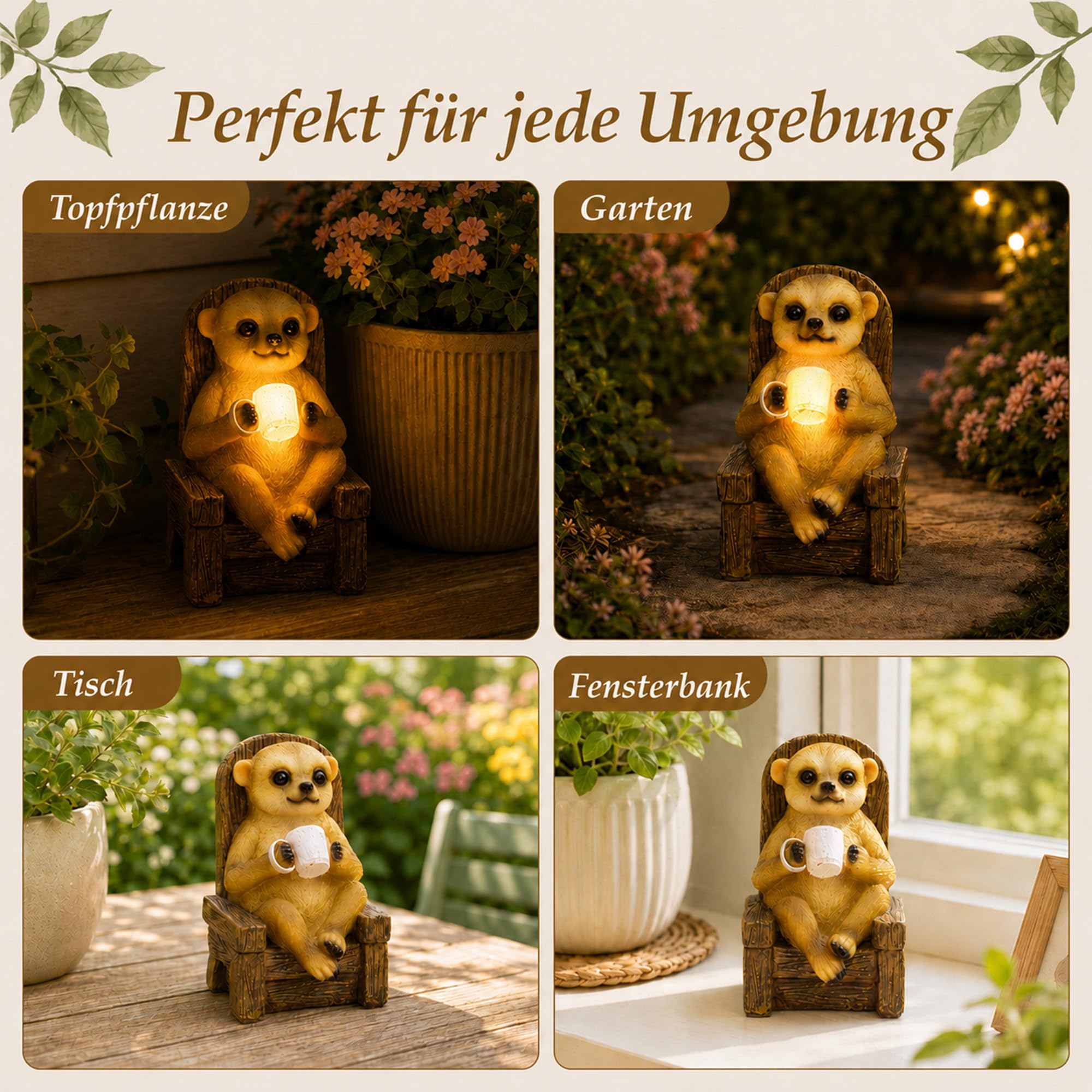 Yeomoo Figuras de jardín de suricatos con lámparas solares para exteriores – Divertidos suricatos bebiendo café en la mecedora regalos para mujeres, mamá, cumpleaños, decoración impermeable para