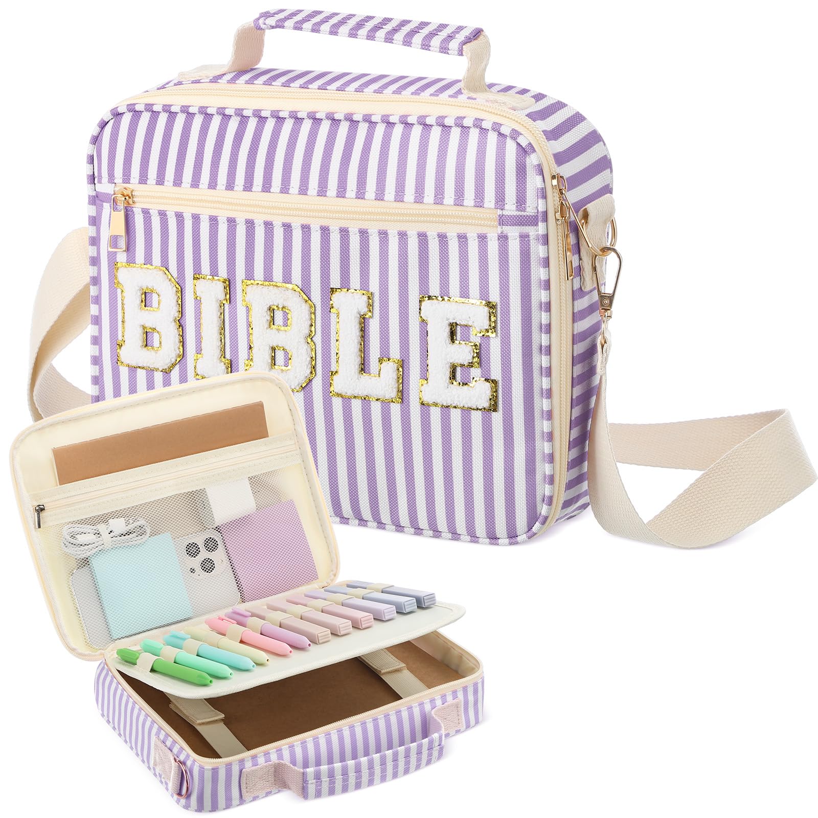 Dansydaisy Bible Cover Case for Women Large Chenille Letter Stripe Church Bible Bag with Shoulder Strap for Women (Purple)
