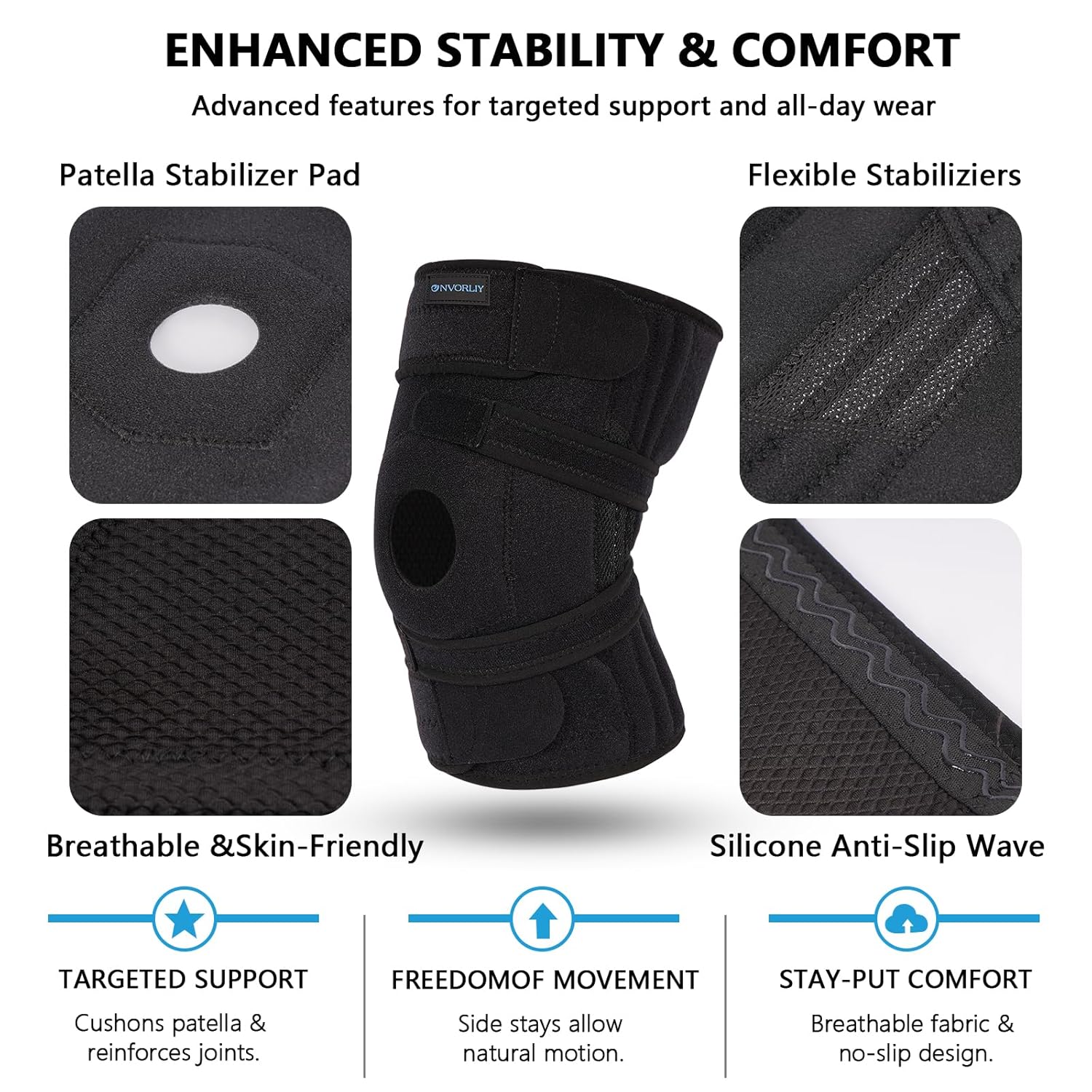 Nvorliy Knee Brace for Plus Size Men & Women (XL/2XL/3XL) - Extended Adjustable Support for Arthritis Pain & Meniscus Tear with Side Stabilizers - Designed for Obese & Plus Size Individuals