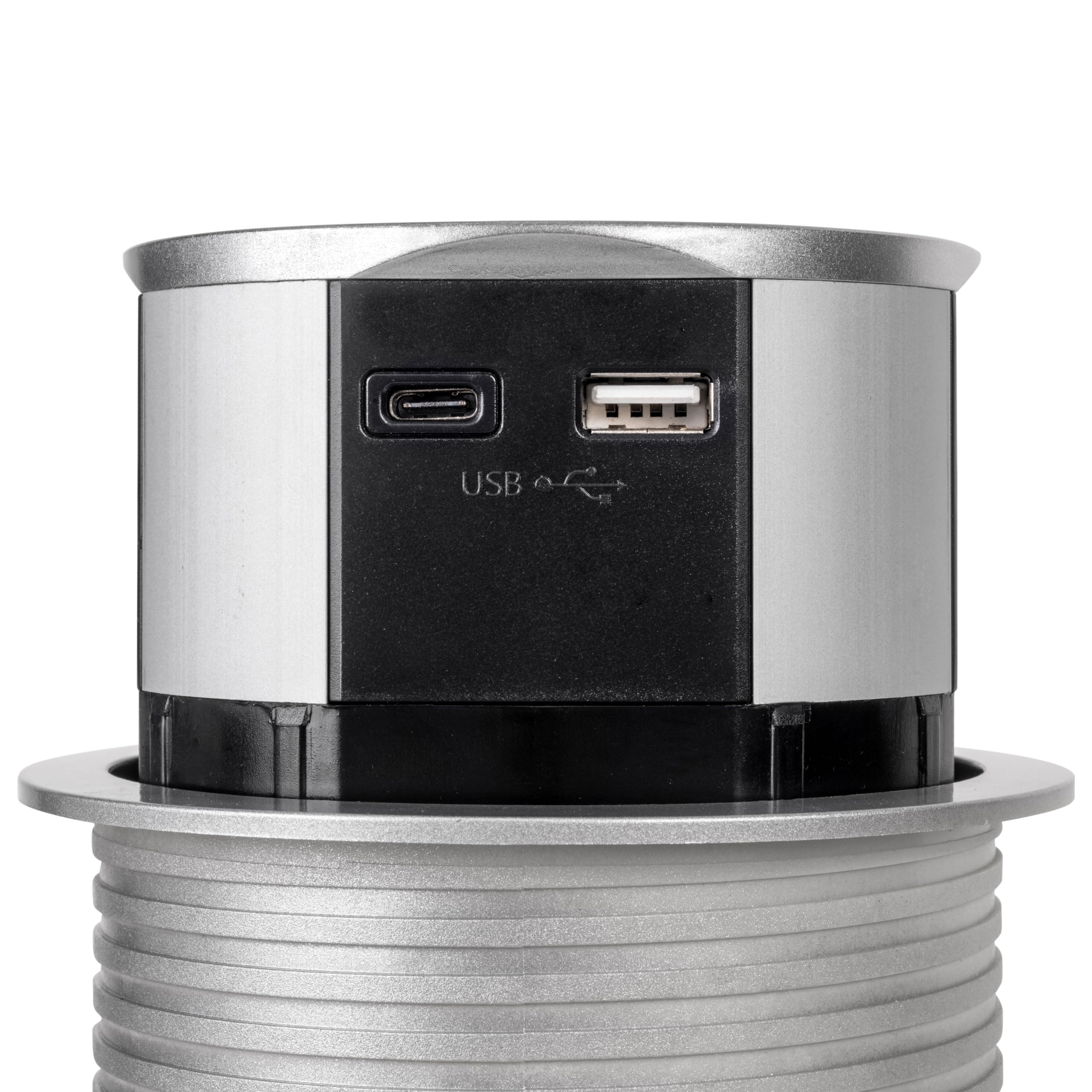Emuca - Multiconnecteur Vertikal Push diamètre 100mm, 3 Prises de Type Schuko, 1 USB Type A, 1 USB Type C, Acier et Plastique, Peint en Aluminium