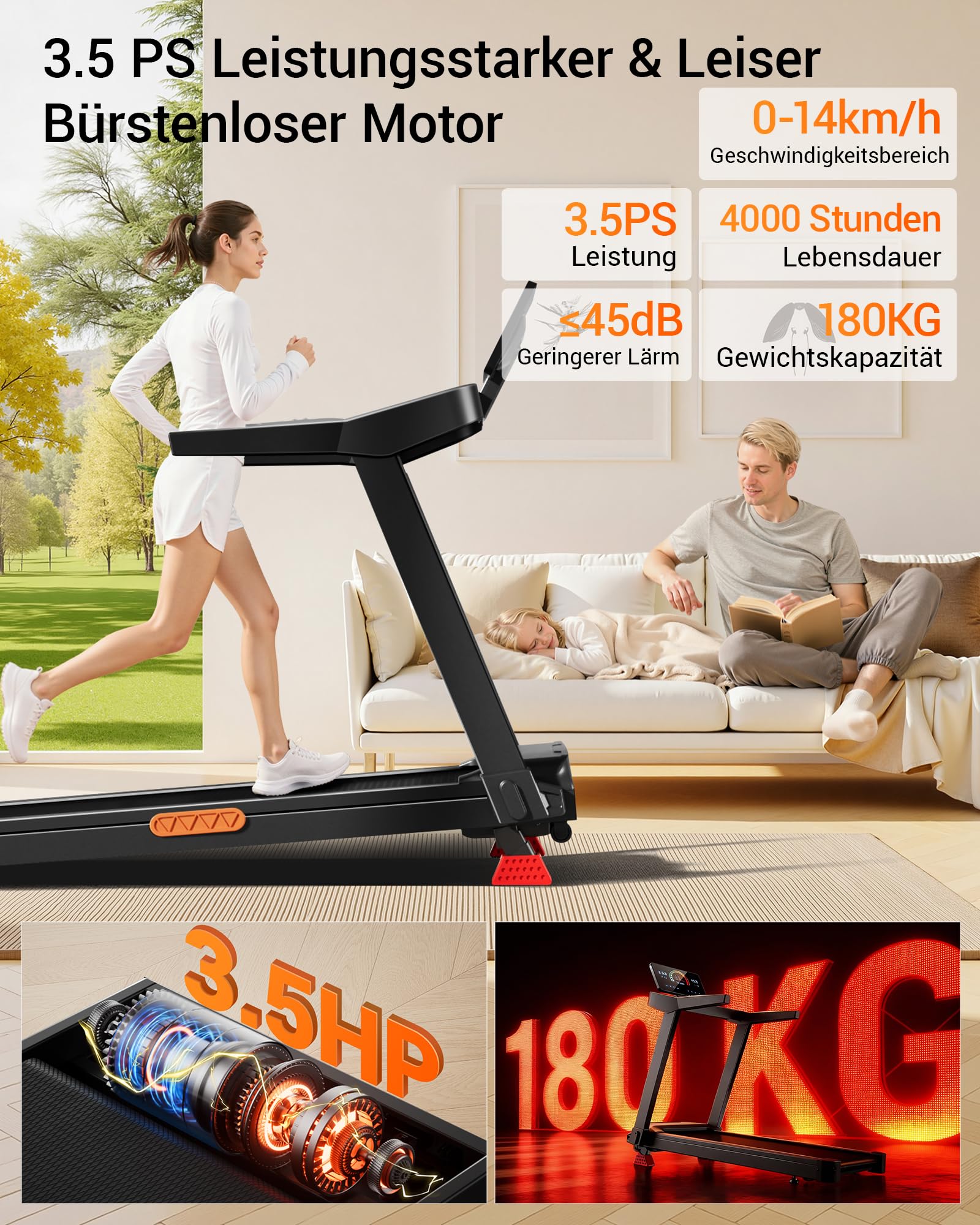UMAY Laufband für Zuhause mit Steigung 16%, 14KM/H | Laufband Klappbar Treadmill for Home mit leisem 3,5-PS-Motor, LED-Anzeige, 180KG