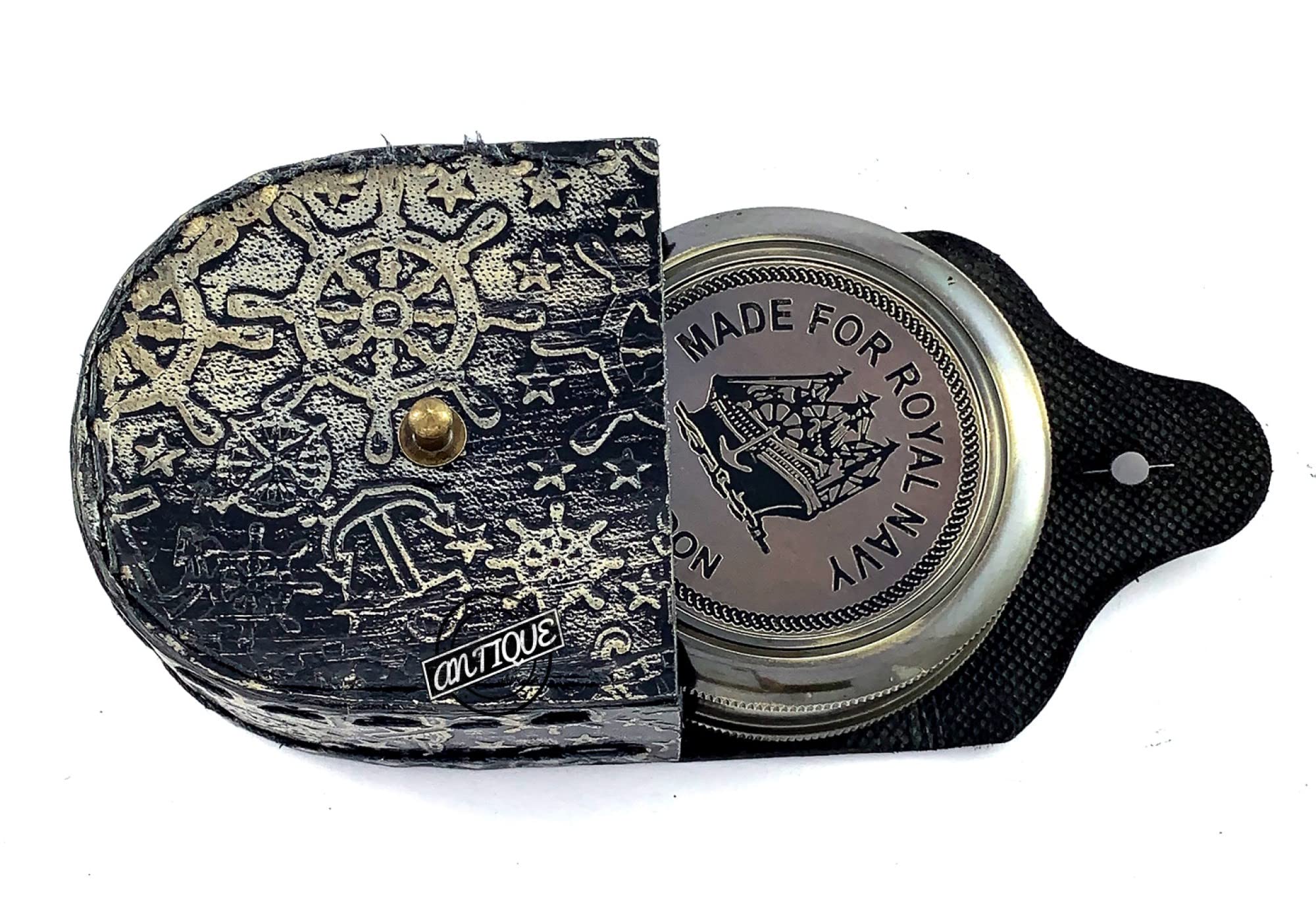 Victorian Antique Brass Desktop Magnifying Glass + Royal Navy Brass Compass in Vintage Leather Case