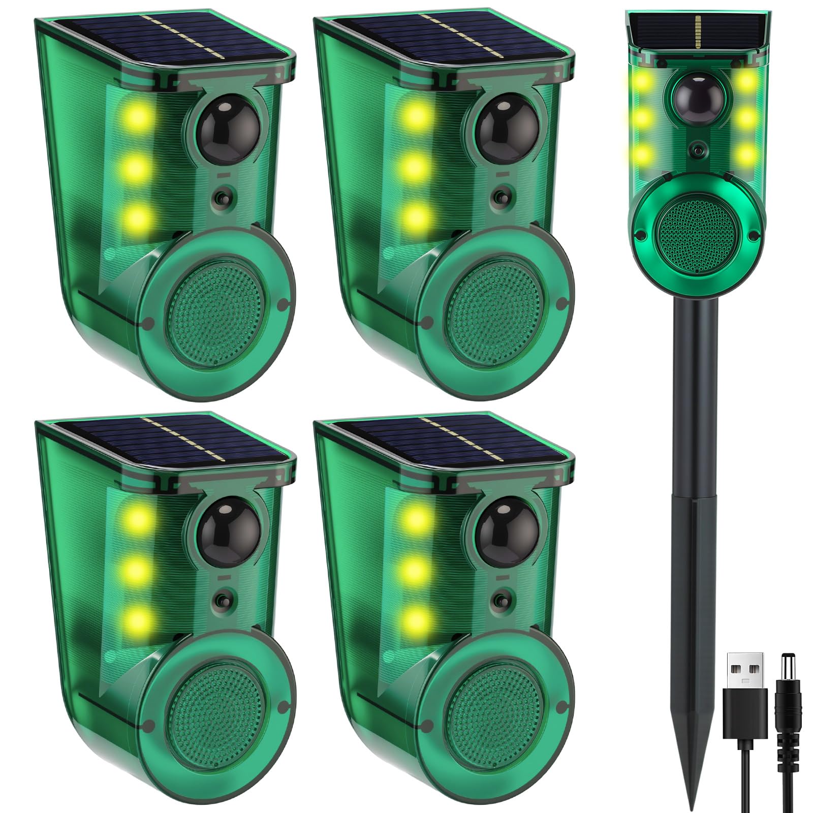 Paquete de 4 alarmas solares con sensor de movimiento ultrasónico para exteriores con estaca, ultrasonido Woking de 4 modos y alarmas de ruido fuerte de 129 db, detector de movimiento con