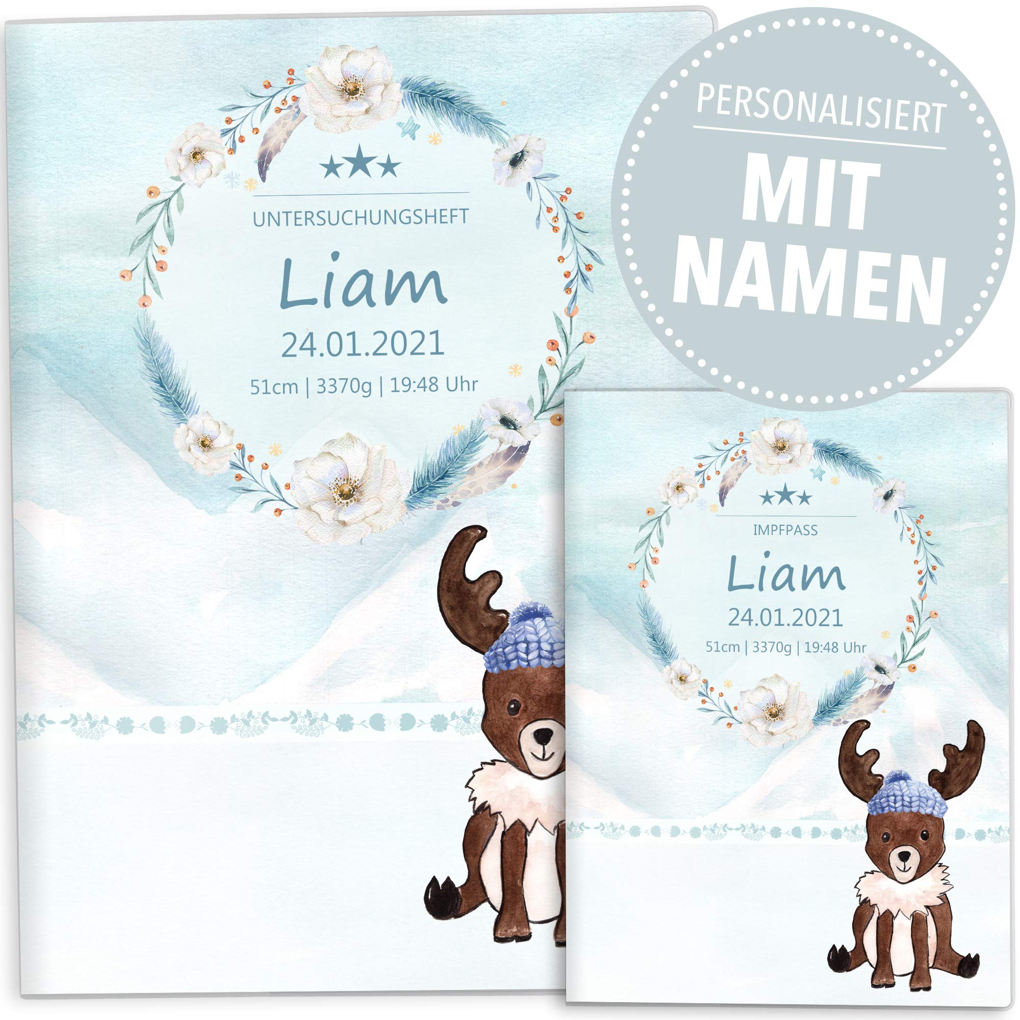 OLGS U-Heft und Impfpasshülle Set | Nordpol | Untersuchungsheft Hülle & Impfpass Hülle | personalisierte Geschenke Baby | Babygeschenke zur Geburt (U-Heft Set 2-teilig personalisiert, Elch)