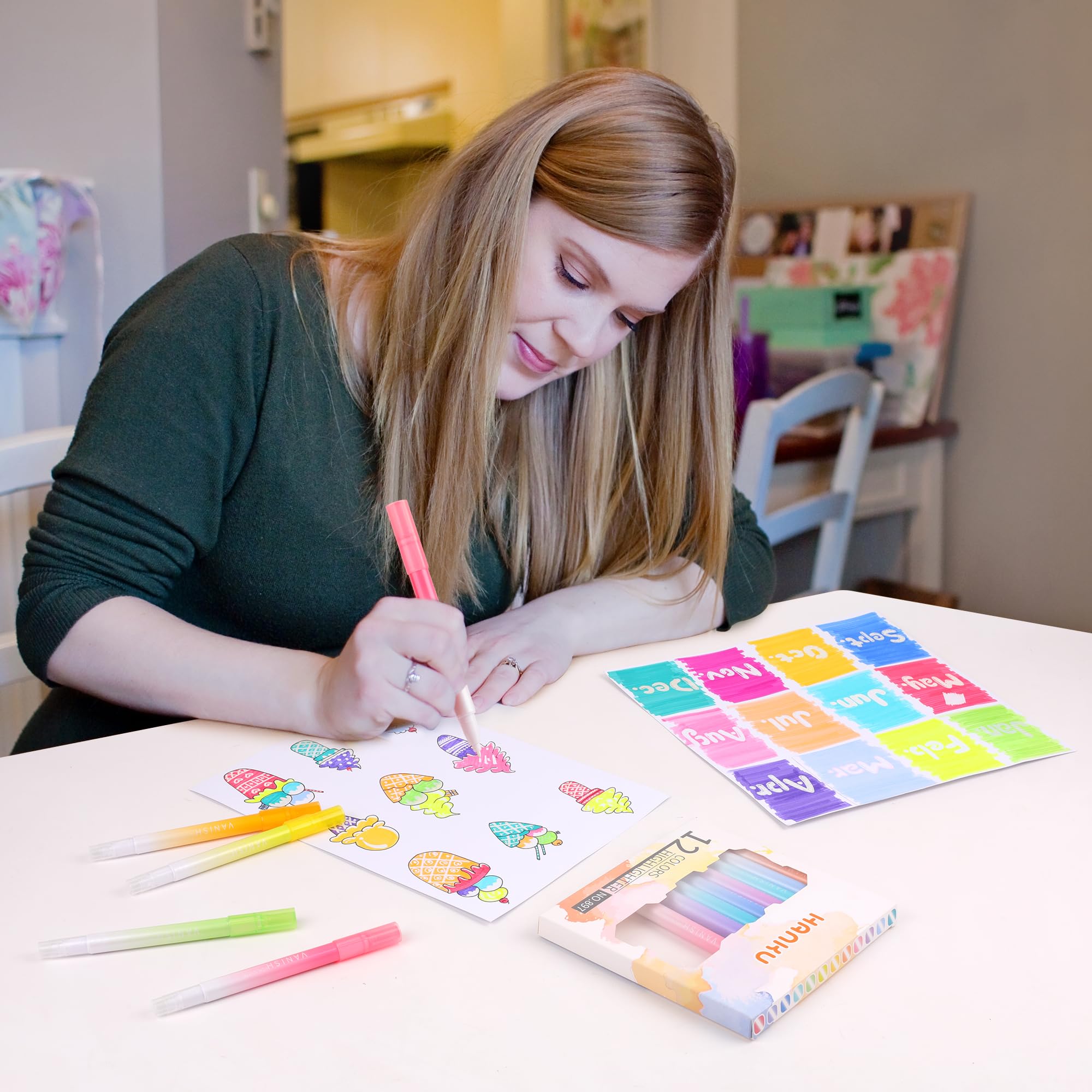 HANKU Erasable Highlighters, Dual Tip 10 Pack Highlighters Assorted Colors Erasable, Smooth Writing Book Journaling No Bleeding Highlighter Pens for Bible Journal Planner: 12 Colors