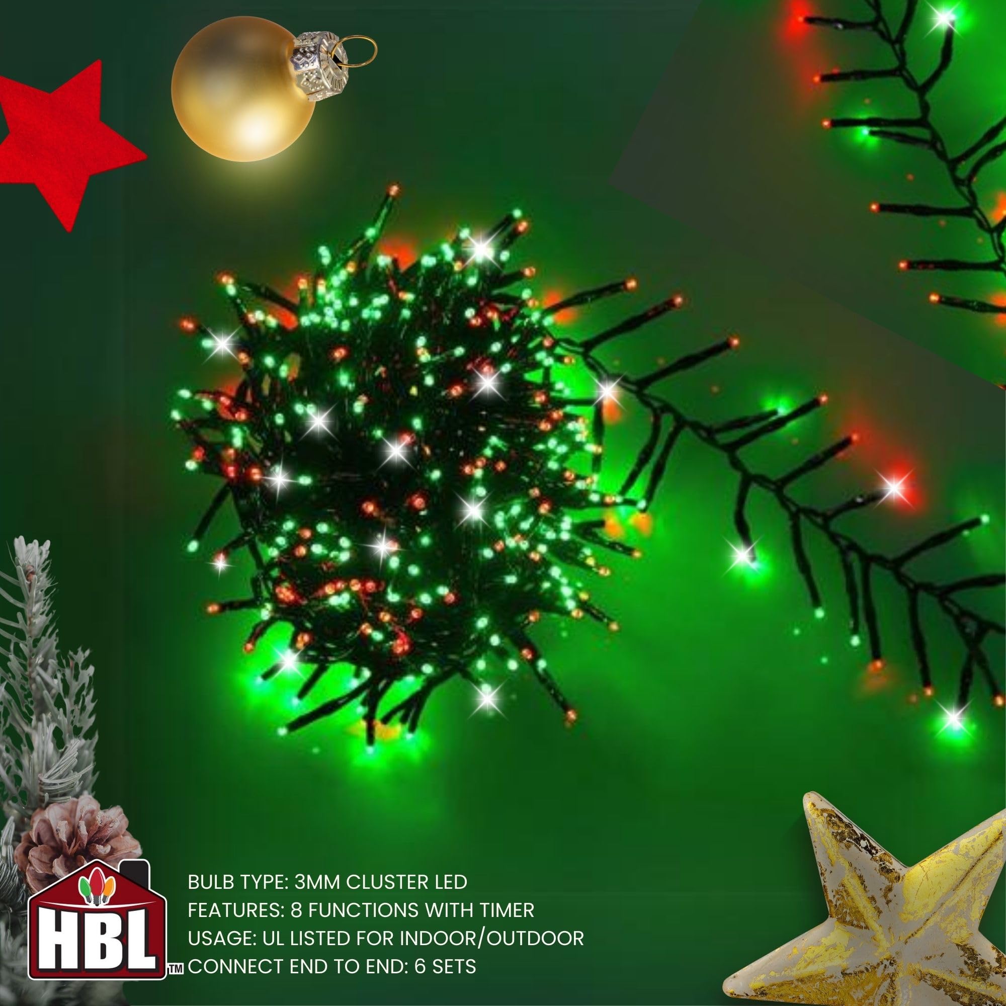 Holiday Bright Lights Natale 500L Twinkling Cluster Riso Collegabile - Rosso & Verde Combo