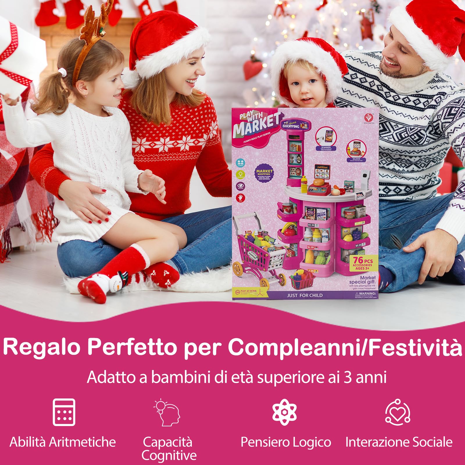 Supermercato per Bambini con Banco, Carrello della spesa e Cestino, Bilancia Simulata, Cassa con Effetti di Luce e Suono, Supermercato Giocattolo con 76 Accessori per Bambini 3+ Anni (Rosa)