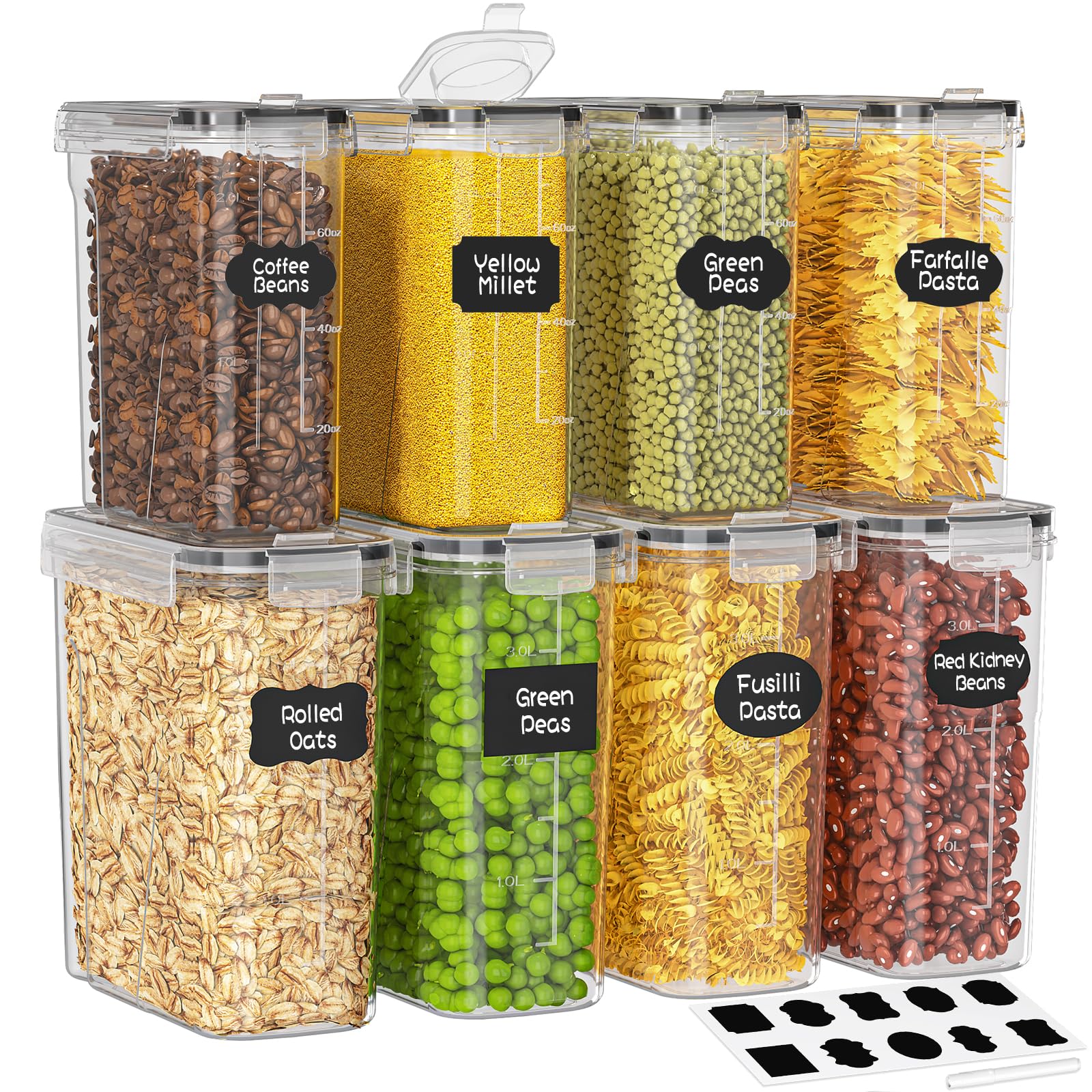 Storivo Cereal Storage Containers, food containers, Food Storage Containers With Lids-8Pcs Set (4 x 4L + 4 x 2.5L) Airtight, BPA-Cereal Dispenser For Flour, Sugar, Fuzzy Pasta & Dry Food