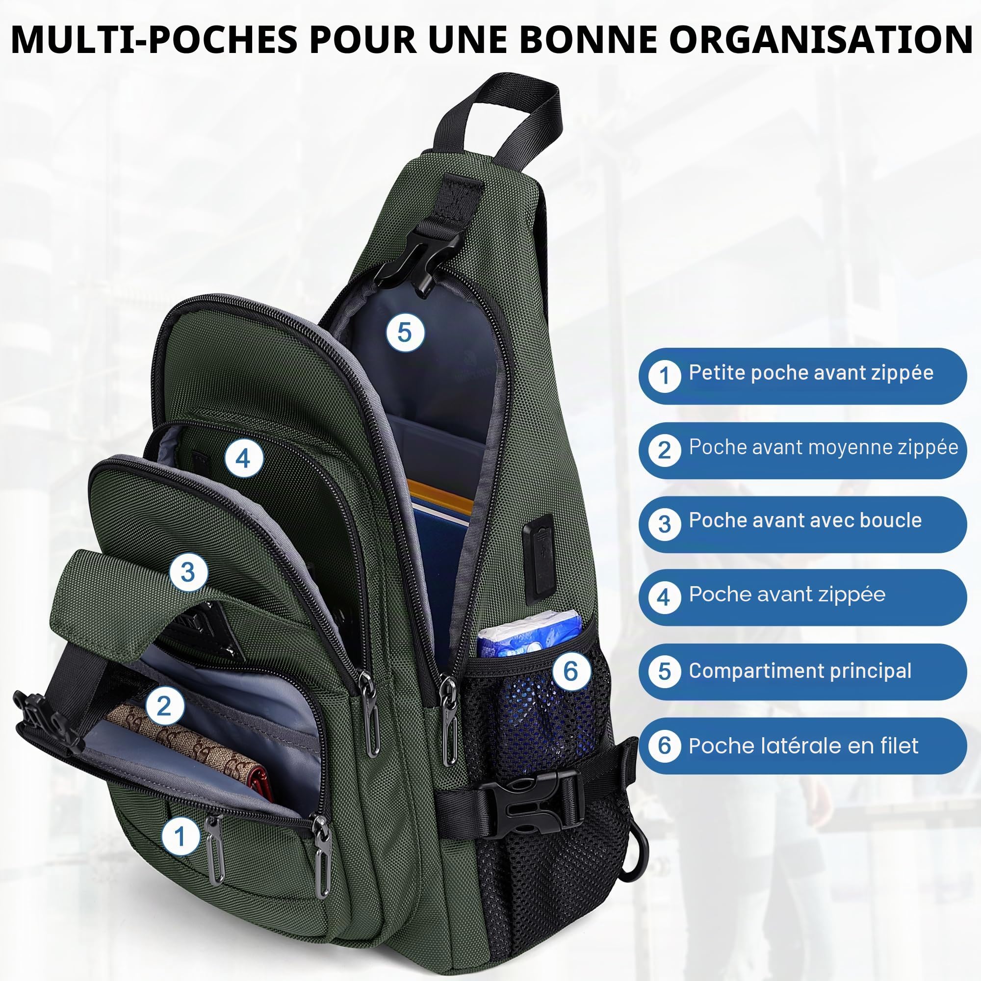 WITZMAN Sac Bandoulière Homme, Sac Poitrine Décontracté Port Charge USB