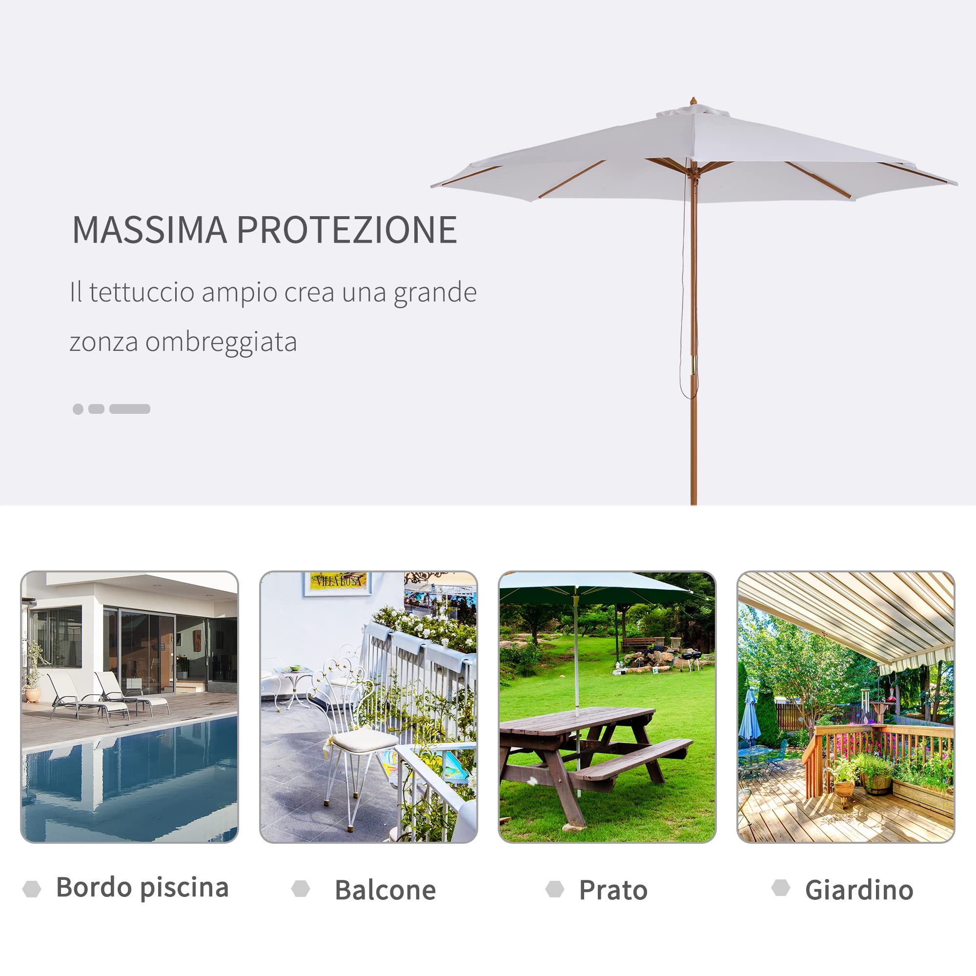 Outsunny Ombrellone da Giardino Ø3m con Corda e Apertura Regolabile, Ombrellone da Esterno con 8 Stecche in Legno, Bambù e Poliestere 180g/㎡, per Cortile, Terrazza e Balcone