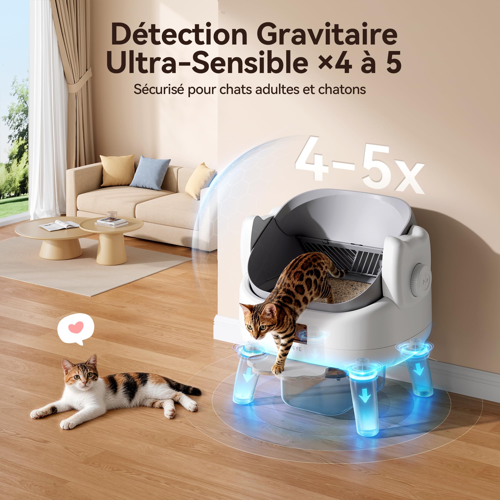 Thereye Litière Automatique Auto-Nettoyante, Litière pour Chat Autonettoyante 10L, 11 Capteurs Anti-Pincement, WiFi 2.4GHz App, Triple Anti-Odeur, Marche d’accès, Silencieux <35dB