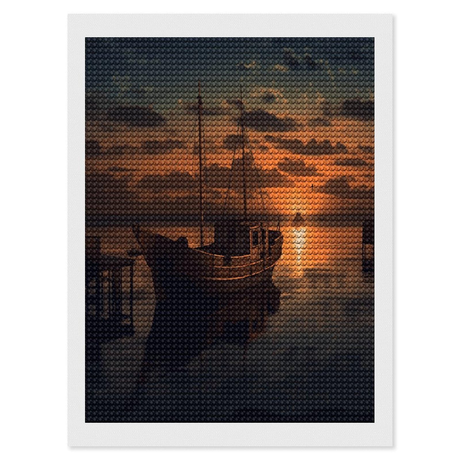 FekiLoot Boat at Dusk Paint by Numbers Kit for Adults Beginner DIY Diamond Dots Paintings Round Full Drill Diamond Art Kits Picture Diamond Art Painting Kits for Home Decor 12"x16"
