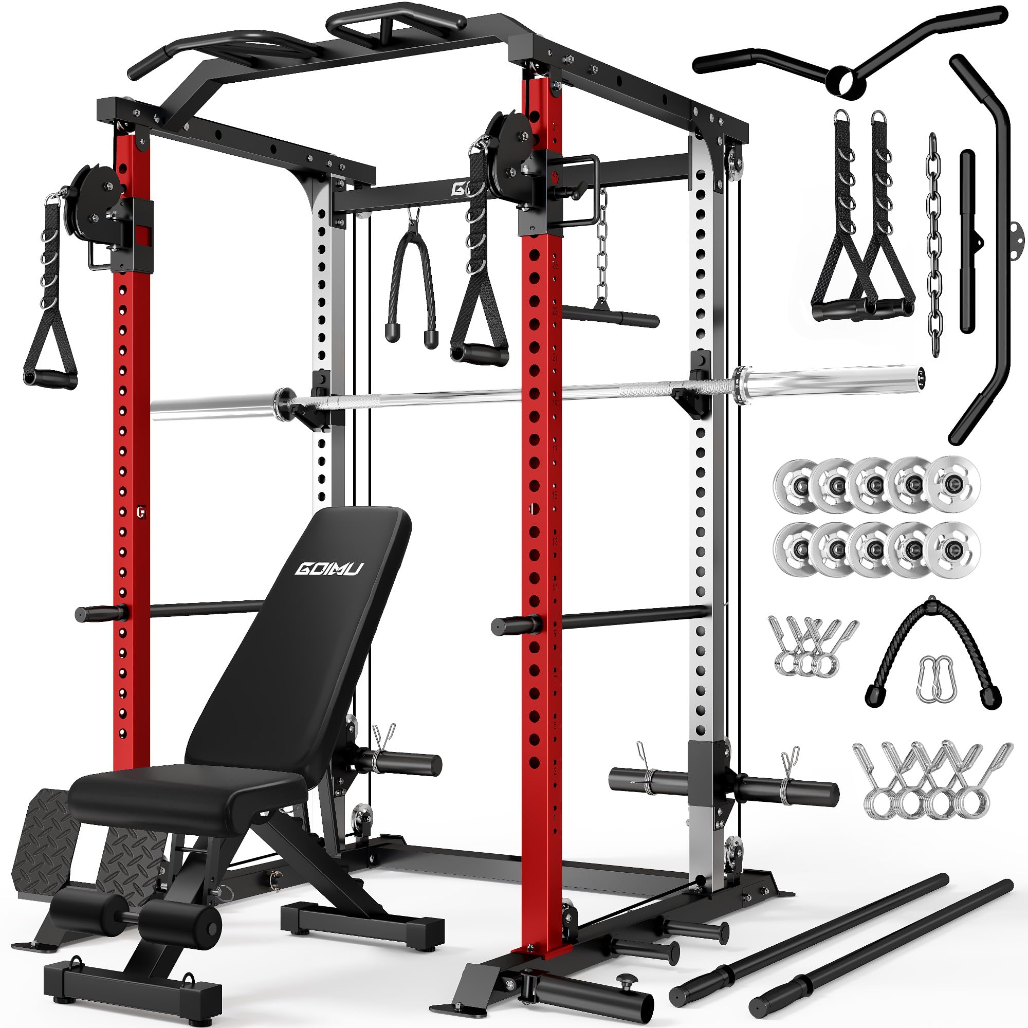 DP01 Power Cage, 2000LBS Squat Rack with Cable Crossover and Dual Independent Pulley System, Full Cage for Full Body Training, Power Rack with More Training Attachments for Home Gym