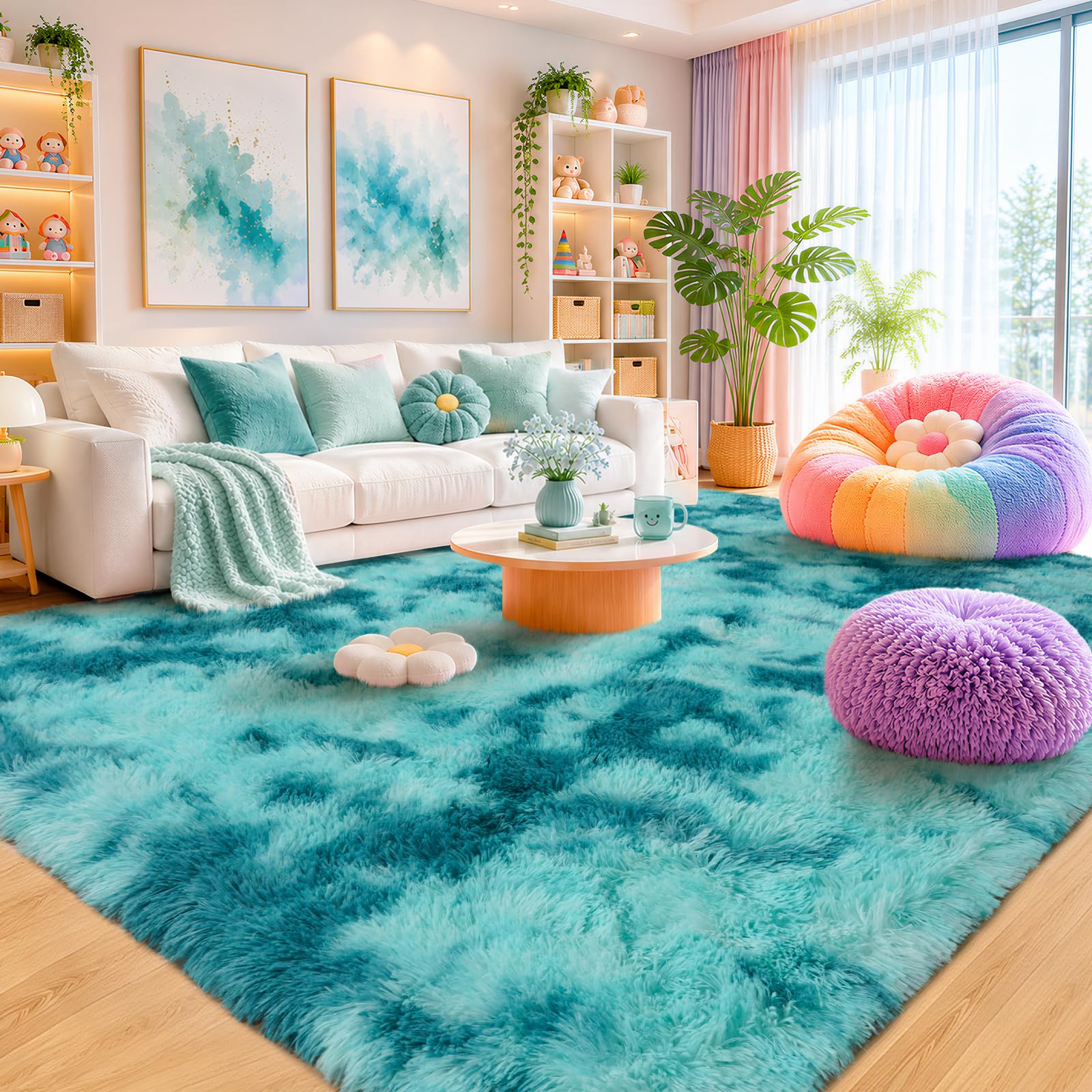 iEvery Rugs for Living Room 140x200 cm - Fluffy Shaggy Rug for Lounge Bedroom Non-Slip, Modern Soft Floor Carpet High Pile for Nursery Playroom Kids Girls Room, Tie-Dye Teal