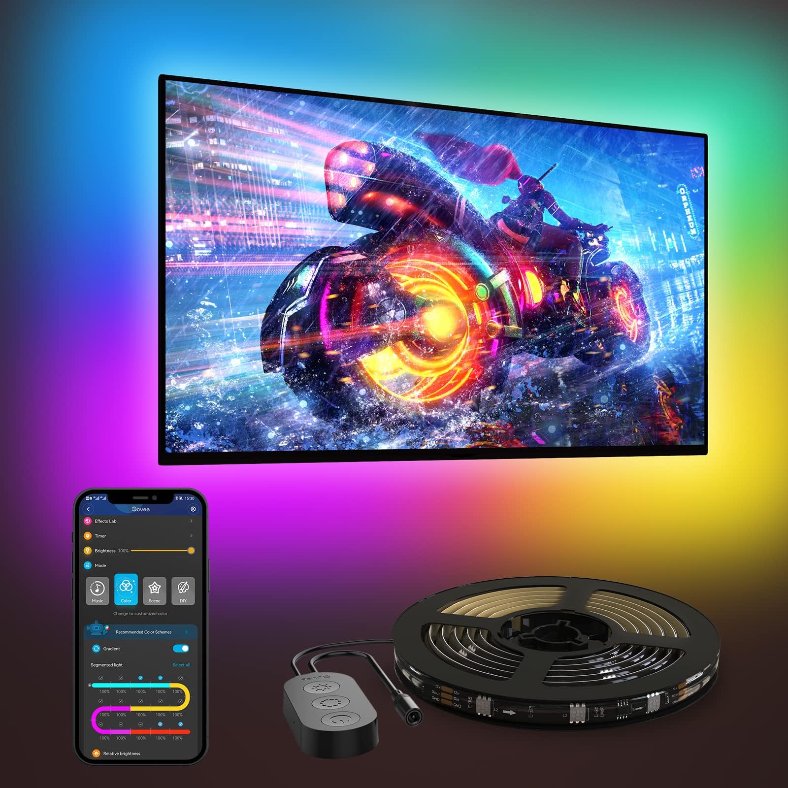 TV LED Backlight, 3.8M RGBIC LED Strip Light for 55-65 inch TVs, Smart Lights with Bluetooth and Wi-Fi Control, Works with Alexa & Google Assistant, Music Sync, 219+ Scene Modes, Adapter Power
