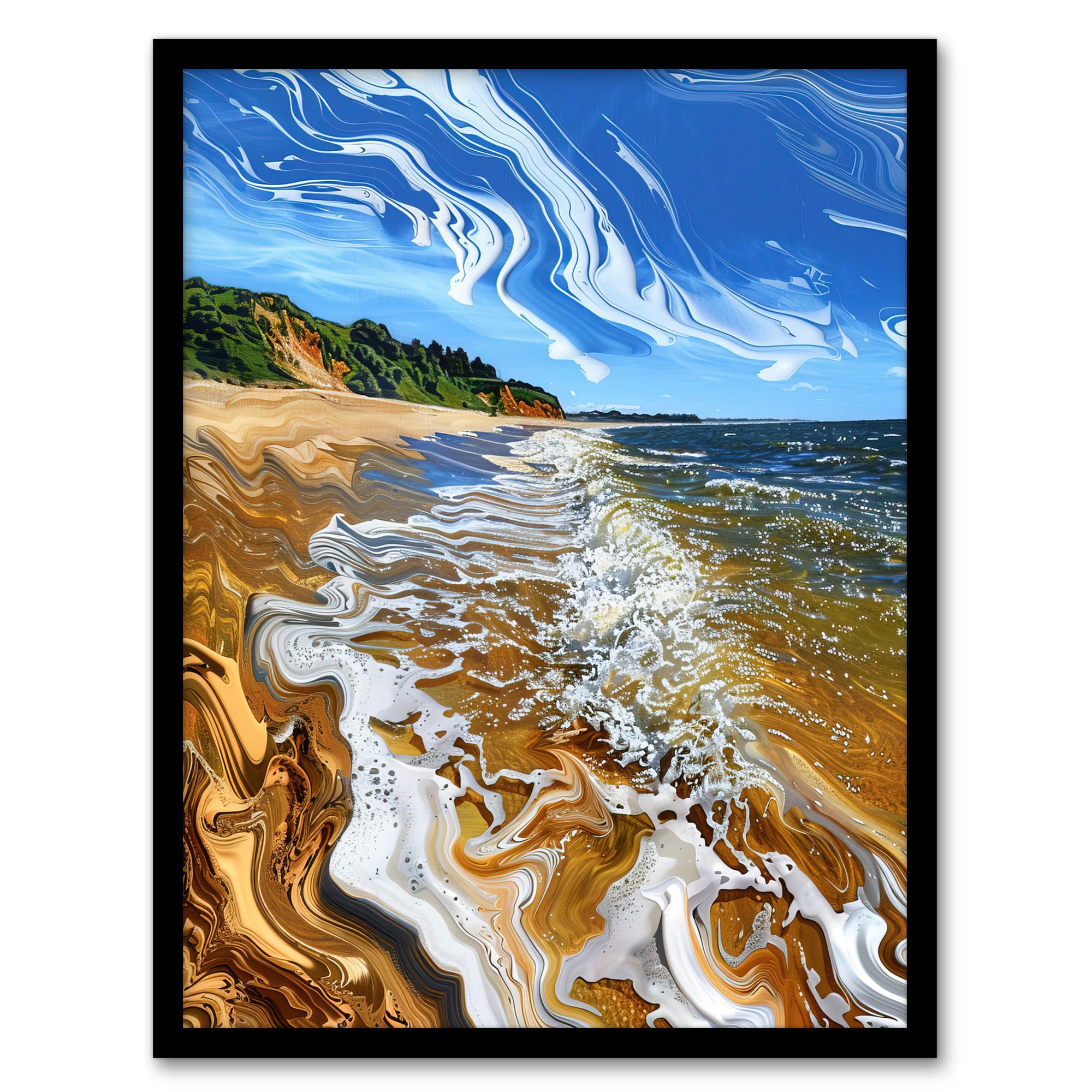 Artery8 West Bay Dorset Abstract Fluid Trippy Beach Bathroom Toilet Artwork Framed Wall Art Print A4