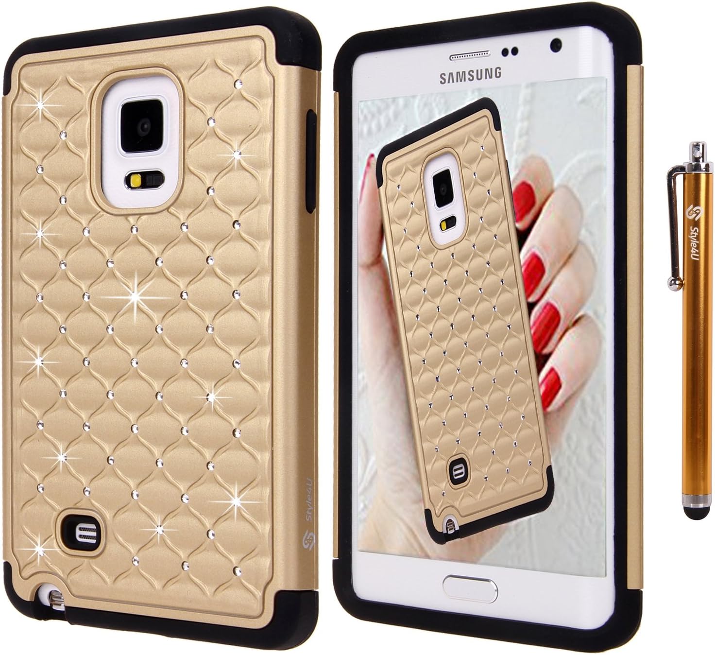 Style4U Galaxy Note Edge Case, Galaxy Note Edge Studded Rhinestone Crystal Bling Hybrid Armor Case Cover for Samsung Galaxy Note Edge/Note 4 Edge with 1 Stylus [Gold/Black]