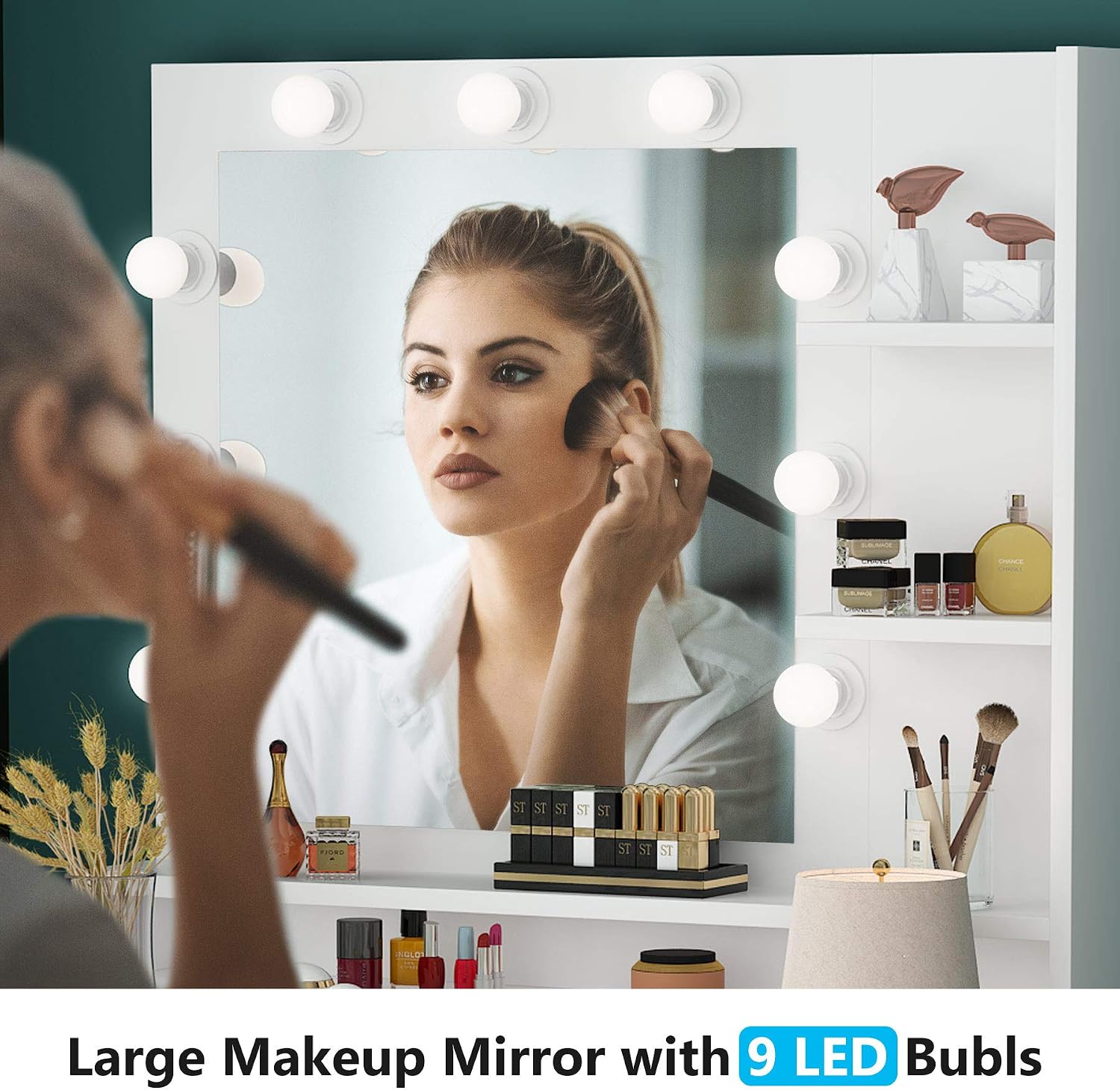 Tribesigns Vanity Set with Lighted Mirror & Stool, Elegant Makeup Table Vanity Dresser with 9 LED Light, Drawer, Storage Shelves and Cabinet for Women Girls, Dressing Table for Bedroom, White and Gold