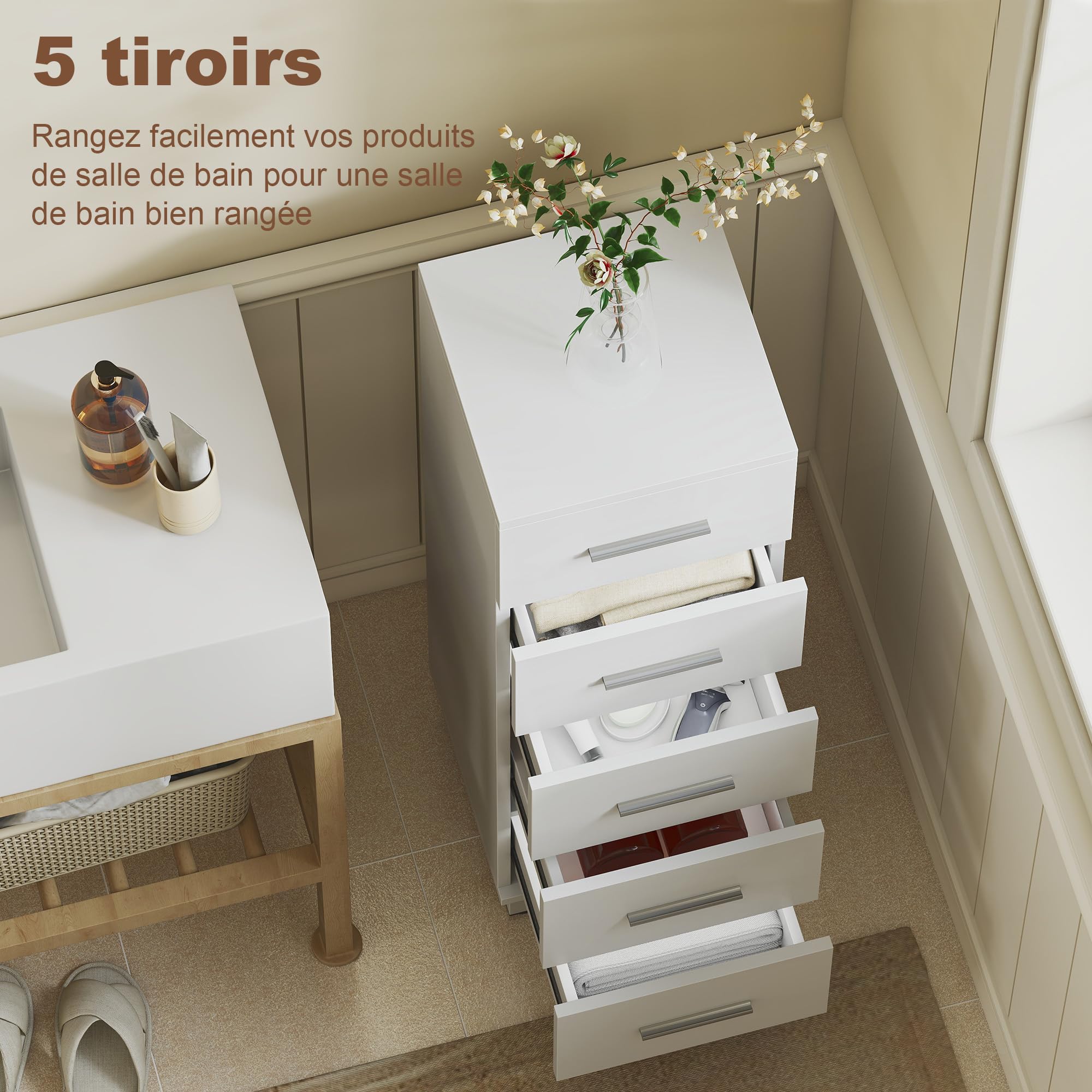 HOMCOM Meuble de Salle de Bain sur Pied 5 Tiroirs 30 x 30 x 95 cm Blanc