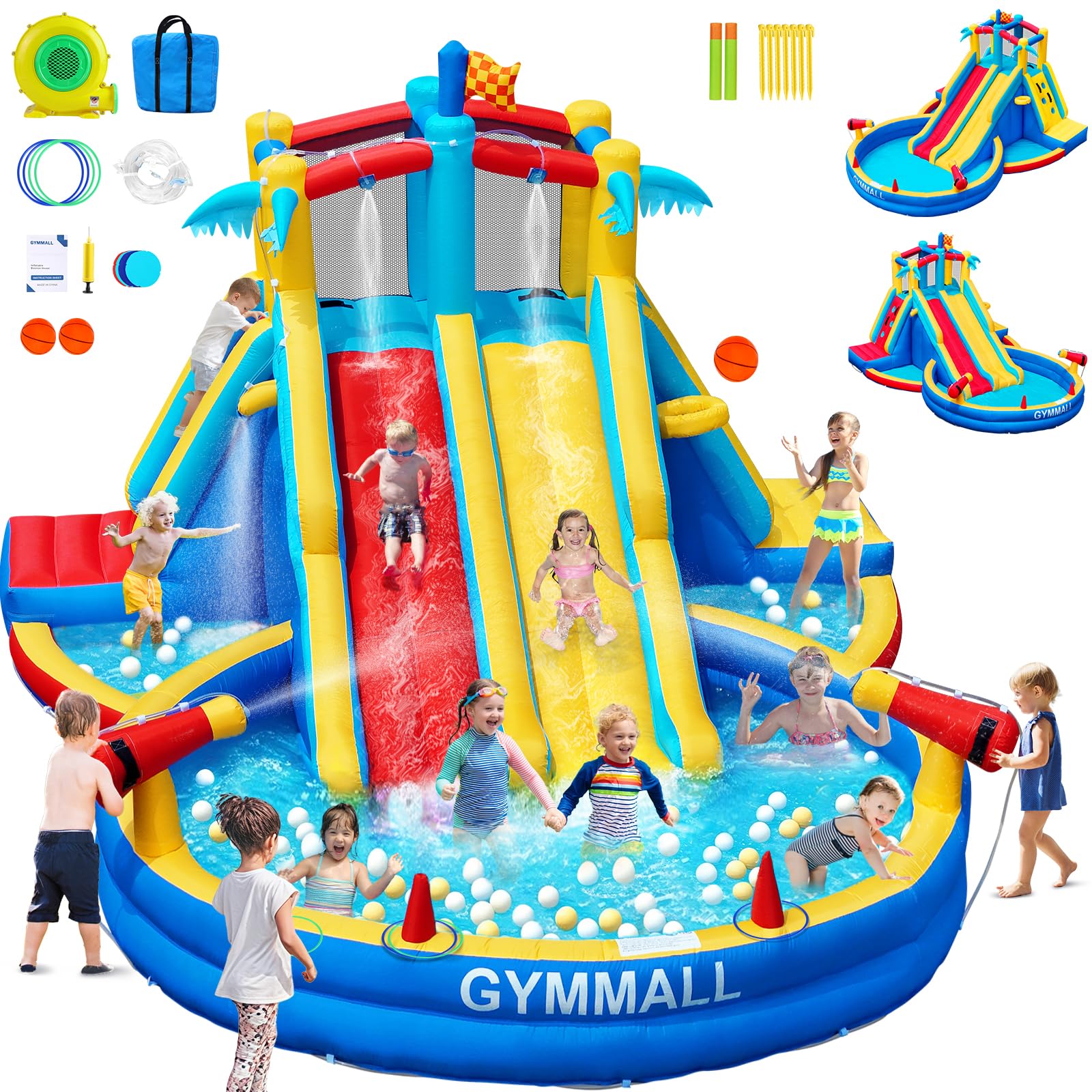 Castillo Hinchable tobogán acuático Ventilador 550W, Centro Juegos acuáticos Hinchable Piscina Interior Exterior Doble tobogán Pared Escalada Canasta Baloncesto jardín Patio