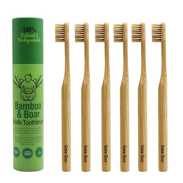 Gaia Guy Natural Bristle Bamboo Toothbrush (NO Nylon - Boar Hair ONLY) - Totally Compostable & Biodegradable Boar Bristl